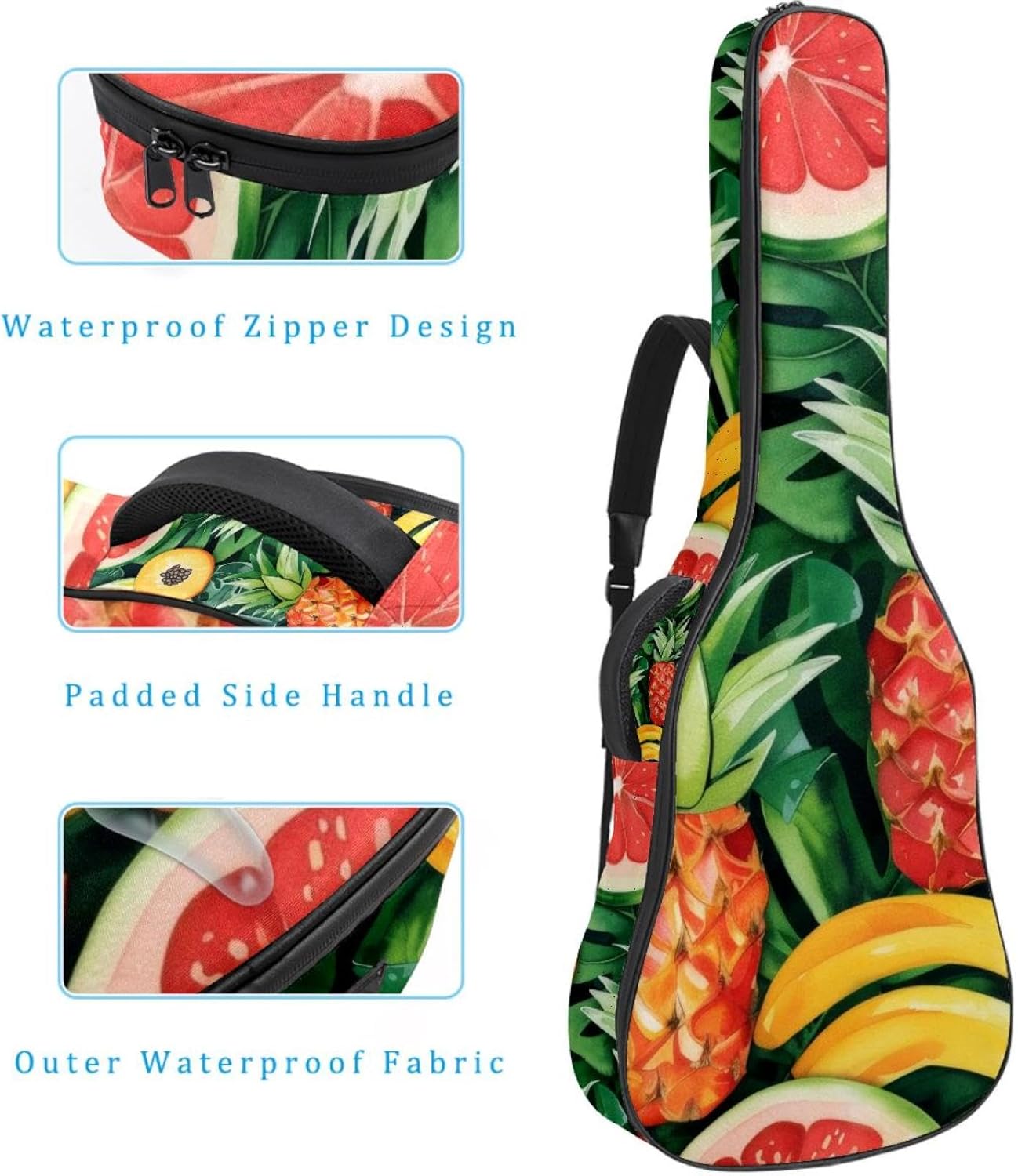 Acoustic Guitar Bag, 40 41 42 Inch Guitar Case Cover Soft Guitar Gig Bag for Acoustic Electric Bass Classical Guitar, Watercolor Tropical Fruits Pineapple Orange and Leaves