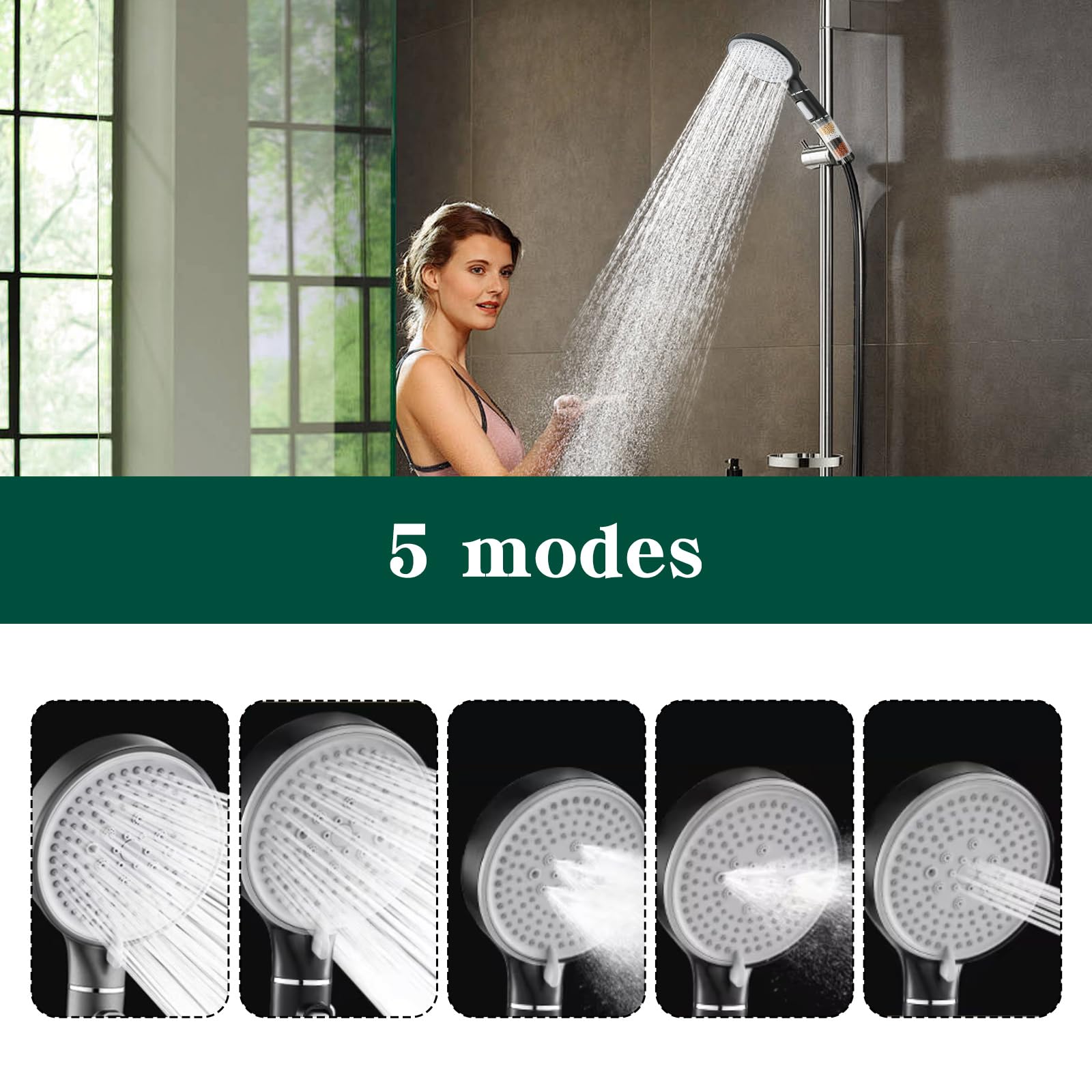 Shower Head with Filter 1.5 m Hose, 5 Modes Water-Saving Shower - Image 4