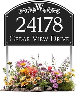 House Address Sign Arch Metal Address Plaque for Outside Custom Street Name Address Sign House Number, with 20 inch Lawn Stake, Reflective Option, Multiple Color (04)
