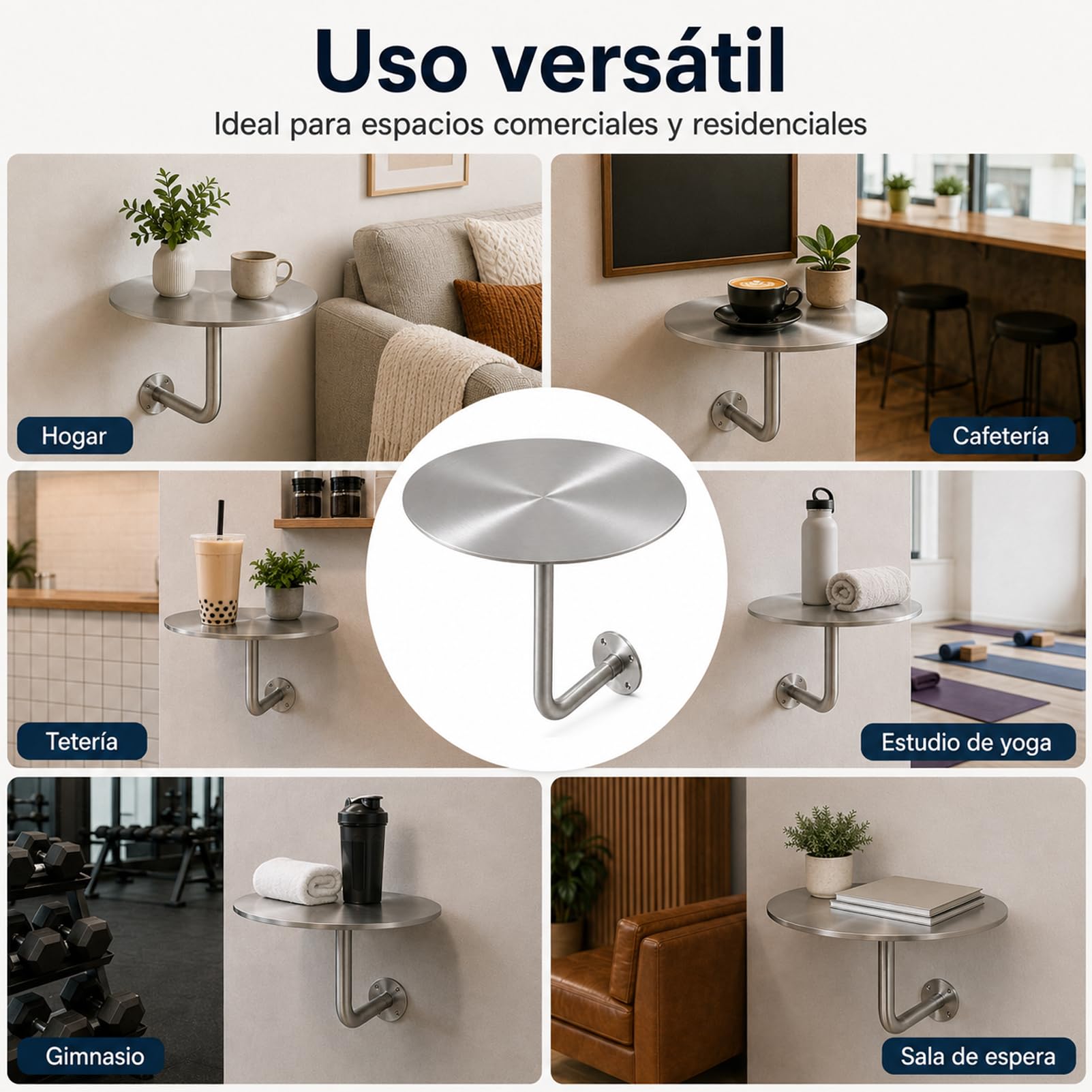 Mesa Auxiliar de Pared Redonda de Acero Inoxidable, Ø40 cm, Mesa Mural Flotante con Tablero de 3 mm, Soporte Estable hasta 25 kg, mesita compacta para Dormitorio, cafetería, Gimnasio y Sala de Espera