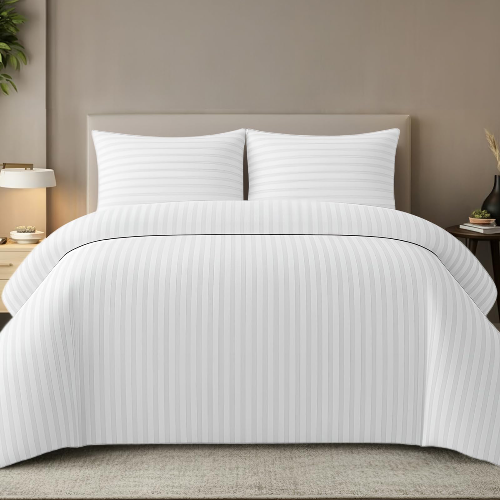 Pamposh White Satin Stripe Double Duvet Set - Premium Hotel Quality Quilt Cover Bedding Sets - Hypoallergenic Ultra Soft Microfiber Bed Linen