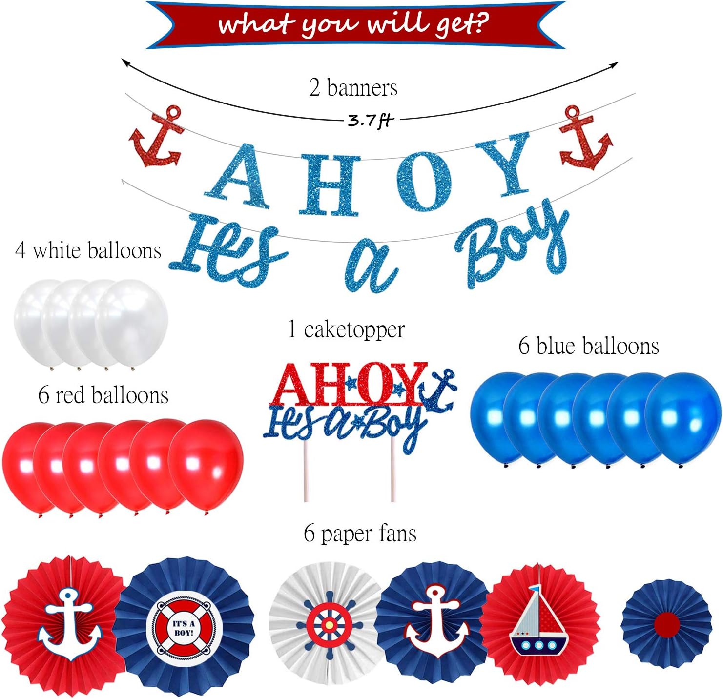 Nautical Baby Shower Decorations for Boy, Ahoy Its A Boy Baby Shower Decorations Party Supplies Kit by Homond, Unique Nautical Themed Paper Fans Cake topper.