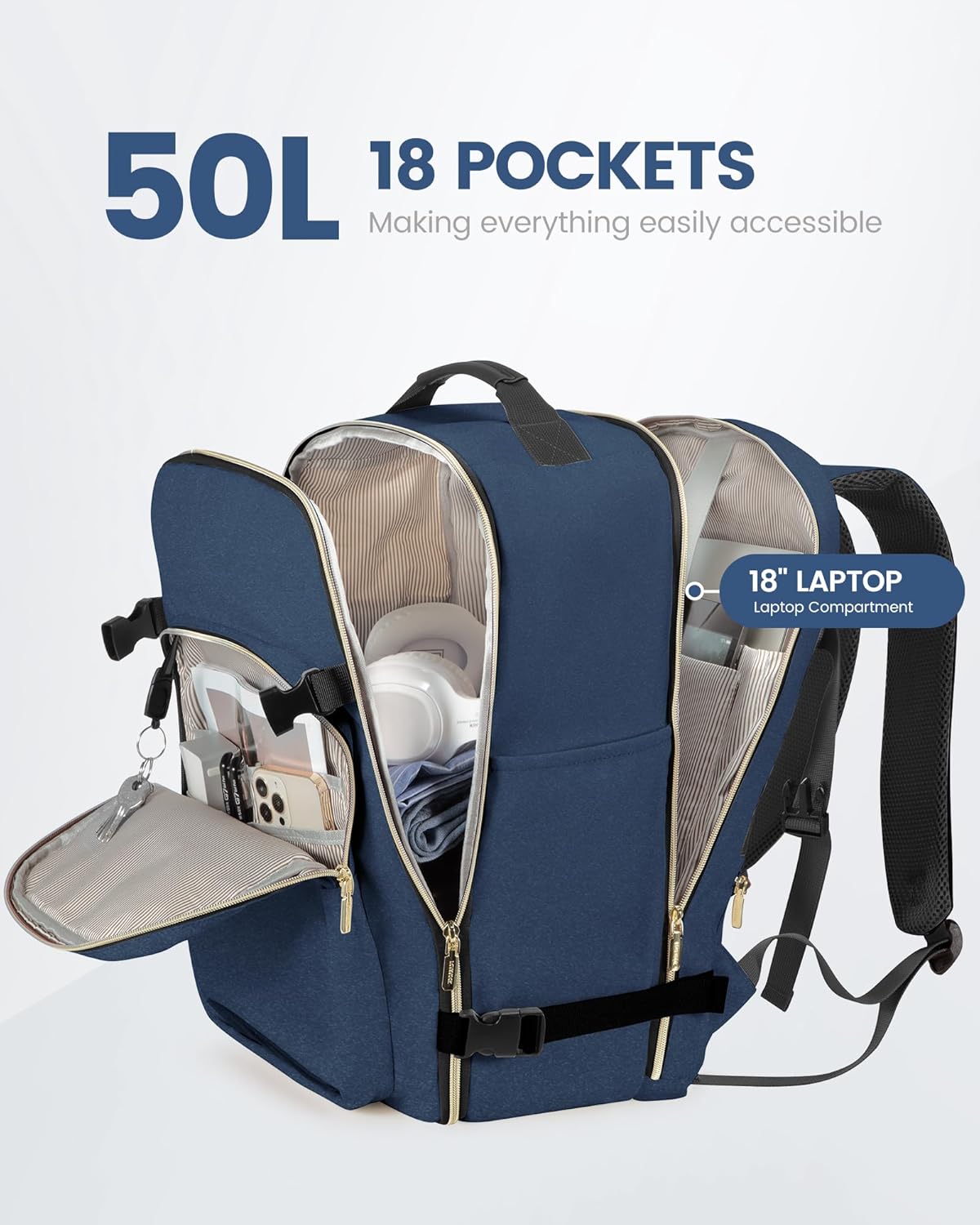 LOVEVOOK Travel Backpack for Women & Men 50L,Airline Approved Carry On Backpack Travel Essentials,TSA Carry on Luggage,Waterproof Personal Item Travel Bag,Suitcase with 3 Packing Cube,Blue green-Black - Image 3