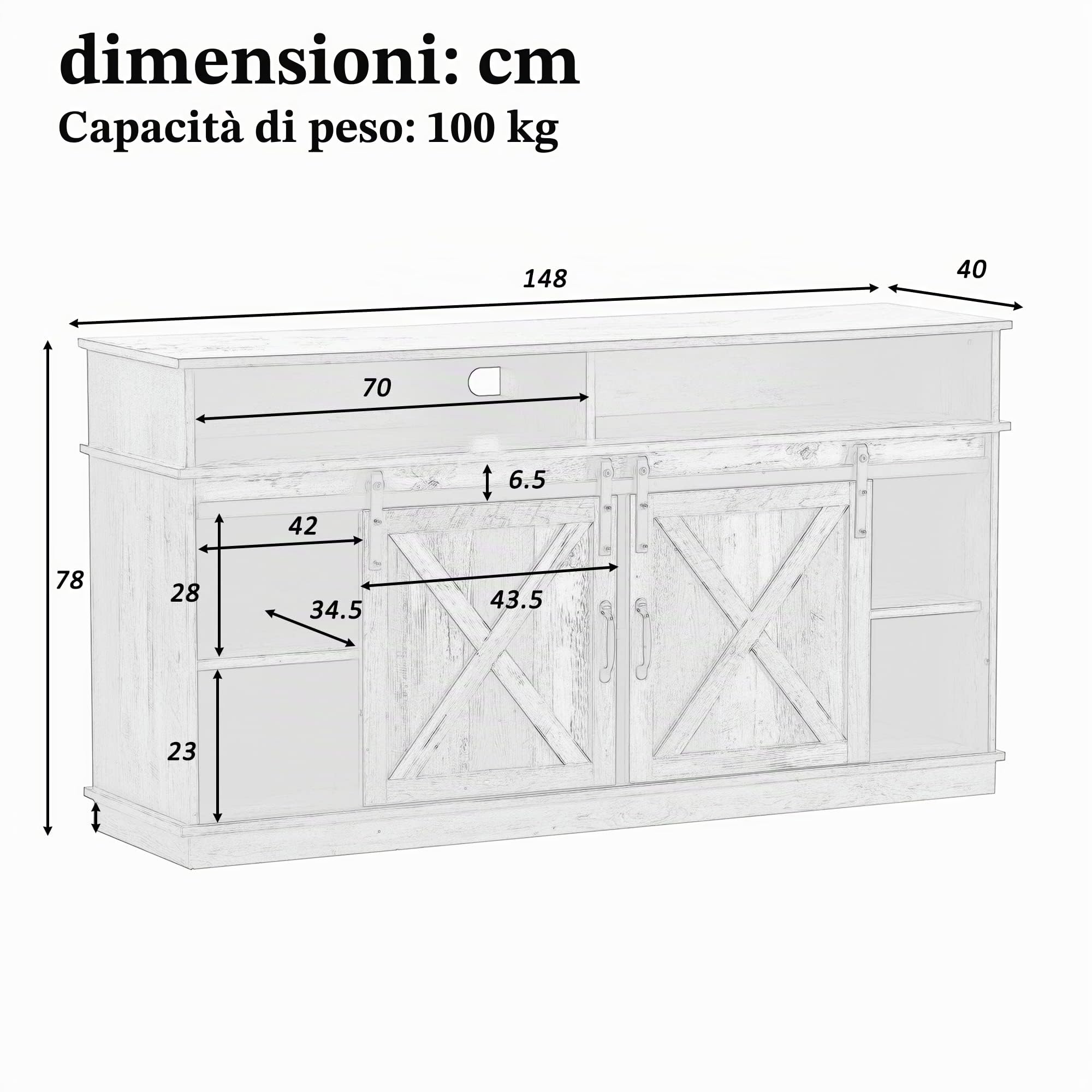 SUKY Grande mobile TV, credenza, centro intrattenimento 148 x 40 x 78 cm, con 2 classiche ante scorrevoli, ripiani regolabili per soggiorno, sala da pranzo, design fattoria