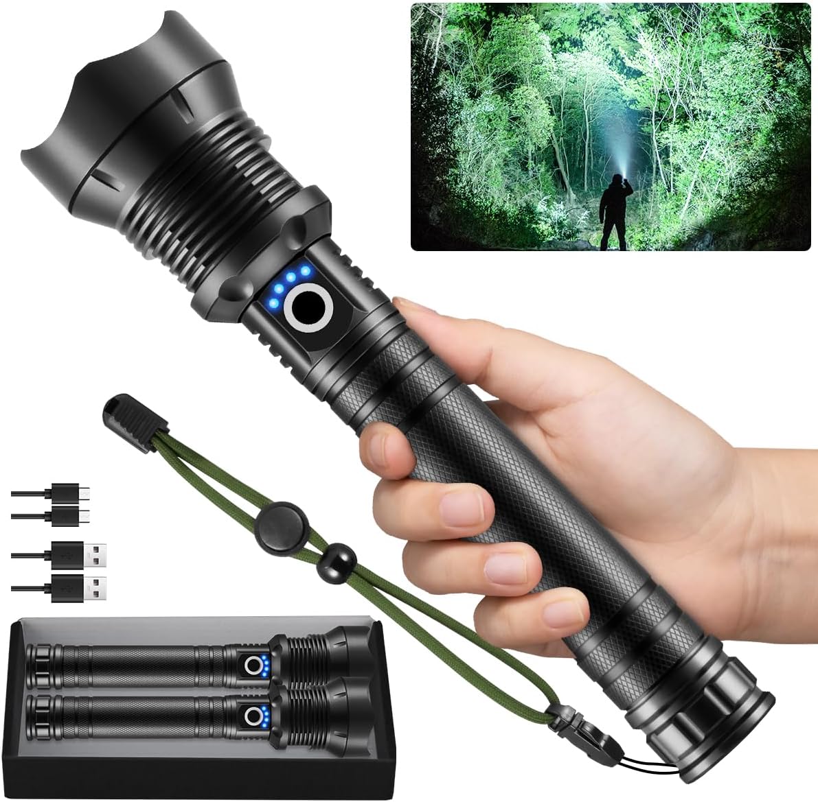 2Pack Flashlights High Lumens, 5Mode Rechargeable Flashlights, 990000LM Super Bright Flashlight, Adjustable Focus Tactical Flashlight, Powerful LED Flashlight, Flash Light for Home Camping-Large Size
