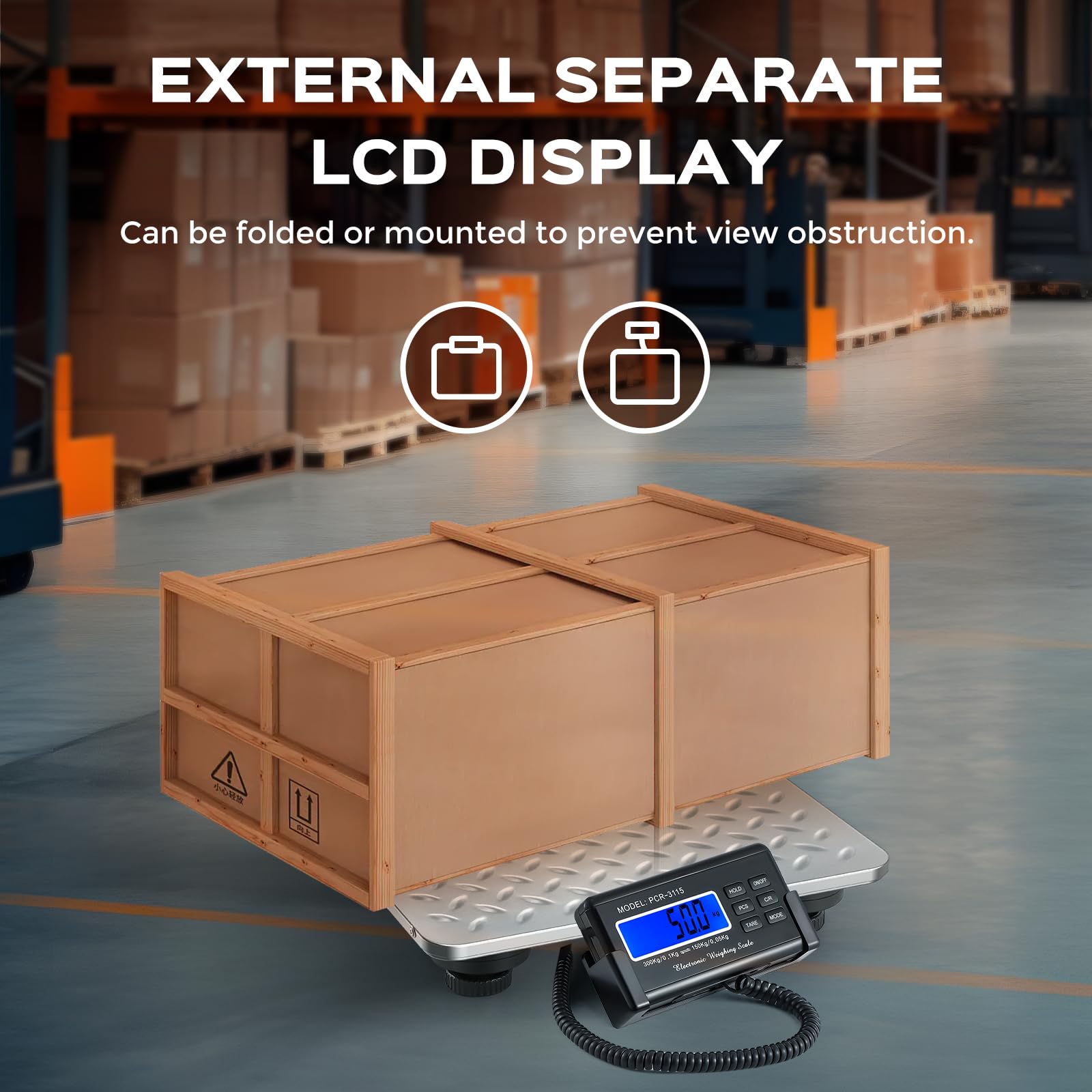 Bonvoisin Báscula para Paquetería 300kg/660lb, Pantalla LCD Externa, Plataforma Acero Inoxidable, Doble Rango Precisión 300kg/0,1kg & 150kg/0,05kg, Conmutable kg/oz/lb/lb:oz, Función Conteo