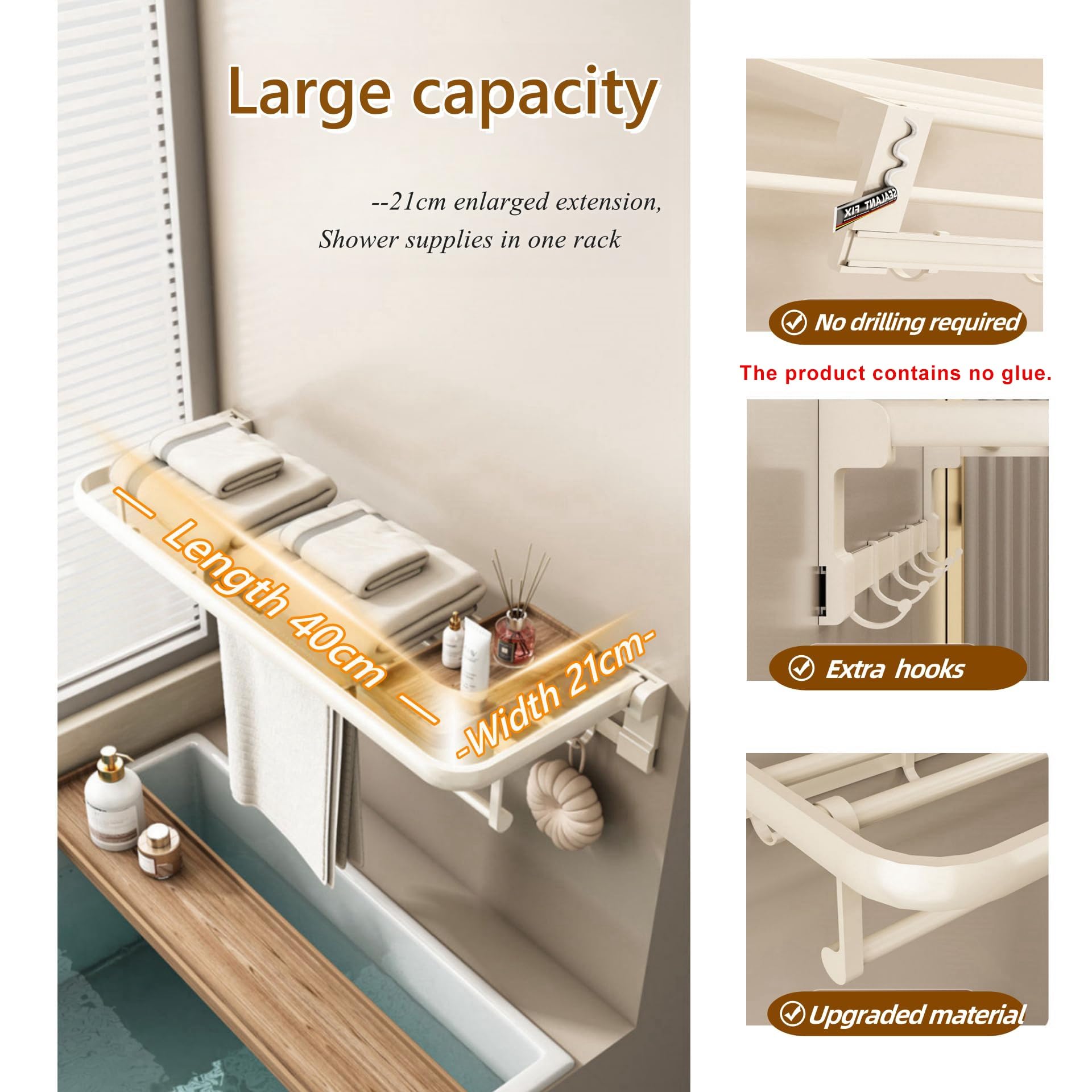 Wall Mounted Bathroom Towel Rack Heavy Duty Space Aluminum Foldable Towel Holder with 5 Hooks Shelf For Bathroom/Kitchen/Laundry Room/Rustproof Waterproof(60cm/23.6in)