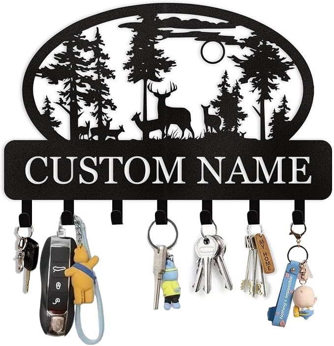 Dyoart Personalized Key Holder for Wall, Custom Metal Deer Cabin Key Hooks with Name, Metal Key Holder Hooks Organizer Rack, Key Hanger Decor for Kitchen, Entryway, Hallway, Office, Doorway