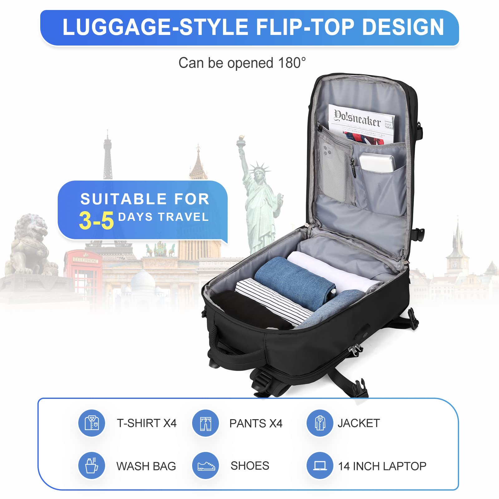 Zaino Bagaglio a Mano Ryanair 40x20x25 Zaino Aereo Borse da Cabina per Easyjet 45x36x20 Zaino da Viaggio donna con porta ricarica USB, Borsa da Viaggio aereo Zaino Computer Impermeabile Casual Daypack