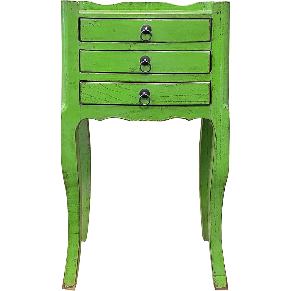 Oriental Distressed Bright Lime Green 3 Drawers End Table