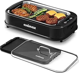 Indoor Grill, CUSIMAX Smokeless Grill Indoor, 1500W Electric Grill Griddle Korean BBQ with LED Smart Display &amp; Tempered Glass Lid, Non-stick Removable Grill Plate &amp; Griddle Plate, Black