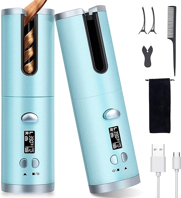 Auto Hair Curler, NAVRUF Wireless Curling Iron with LCD Display and Timer for All Hair Types, Fast Heating Automatic Hair Roller, Auto Shut-Off Curling Wand