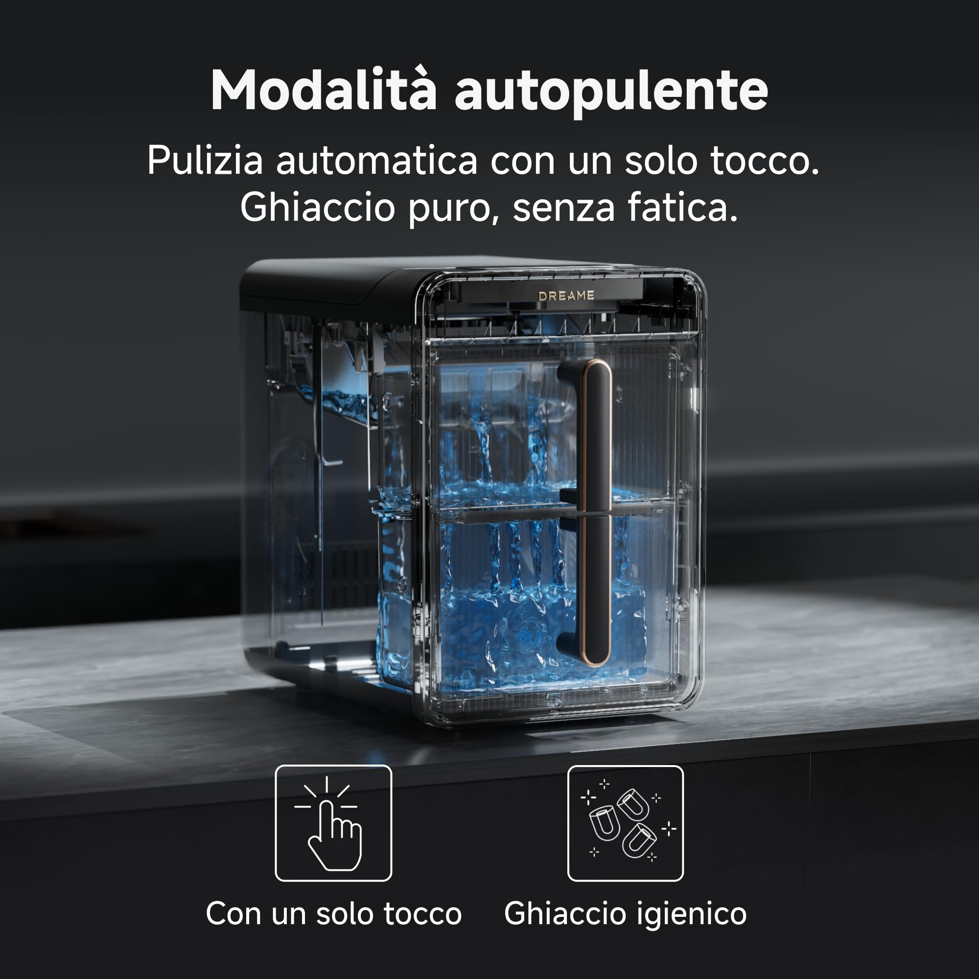 DREAME Aura Macchina per Ghiaccio a Cubetti Cavi con Produzione Rapida in 6 Minuti, Serbatoio e Cestello Separati, due Dimensioni di Cubetti, Controllo Digitale, Luce LED e Funzione Autopulente