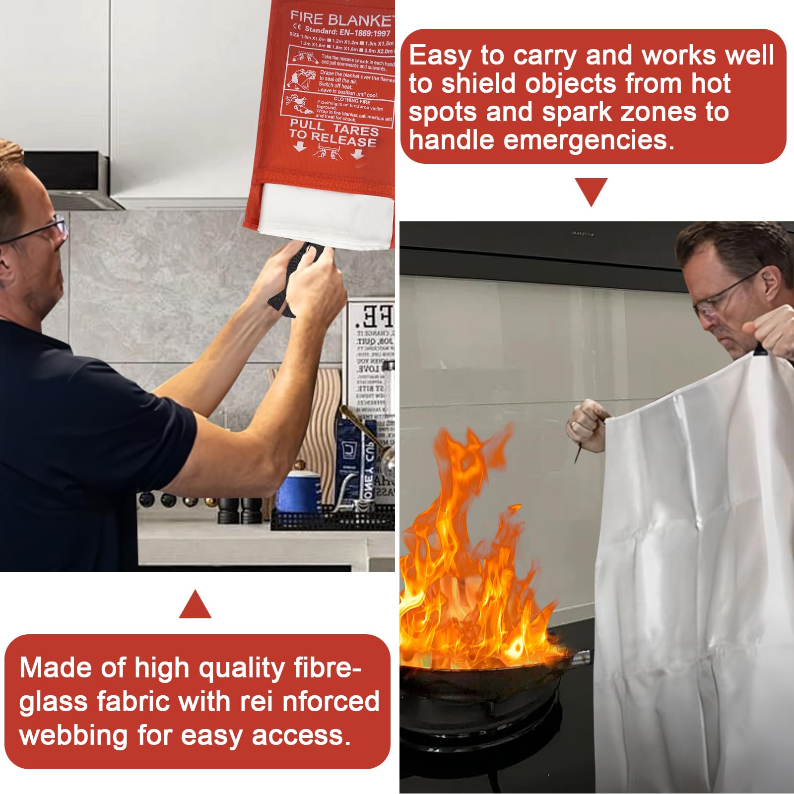 100x100CM Large Fire Blanket With Loops, Fiberglass Flame Retardant Fire Blanket - Image 3