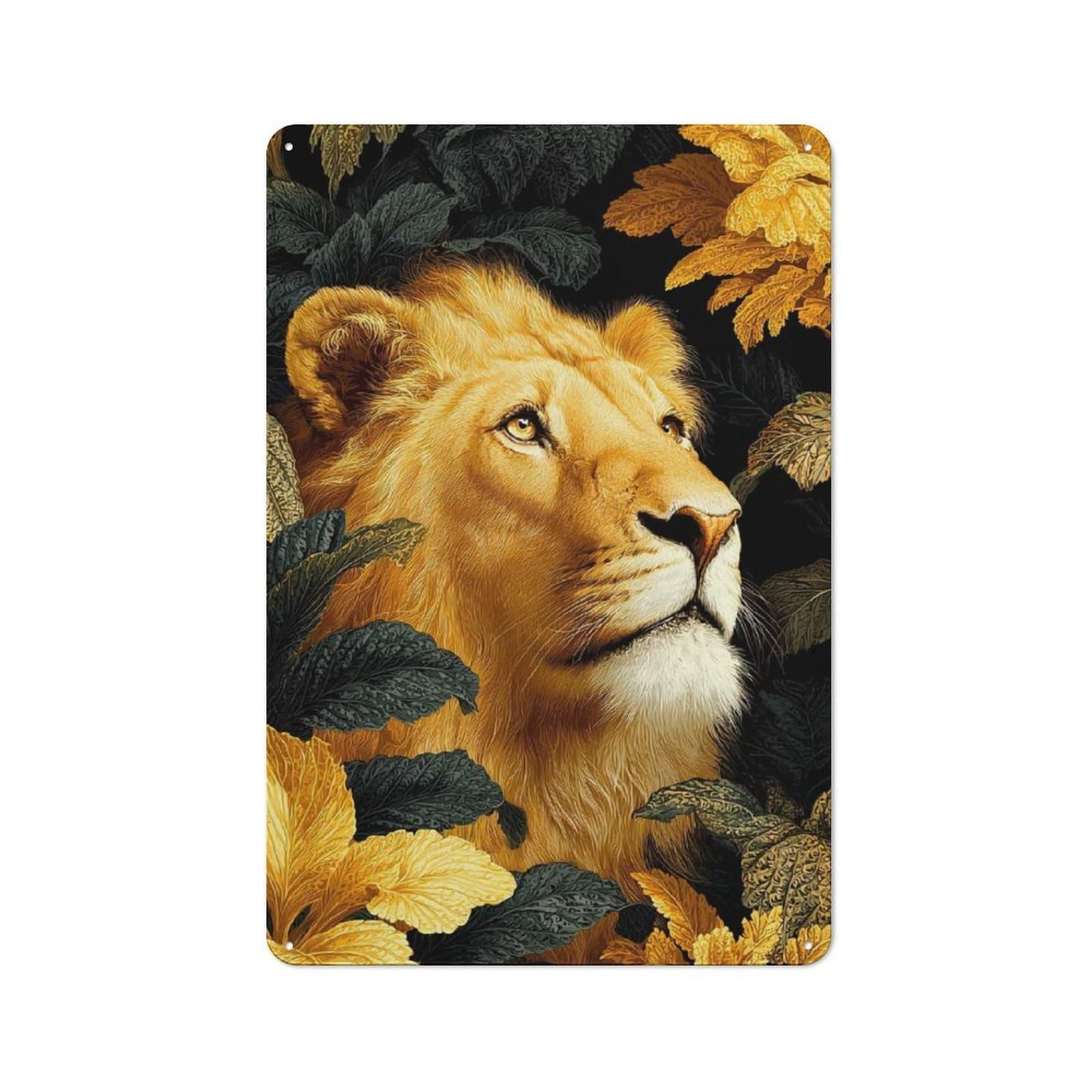 Junmoney Lion Portrait Surrounded By Foliage Bistro Style Bistro Metal Sign 30X20cm Featuring Shop Wall Decor For Takeaway, Bar, Kitchen Or Counter Area