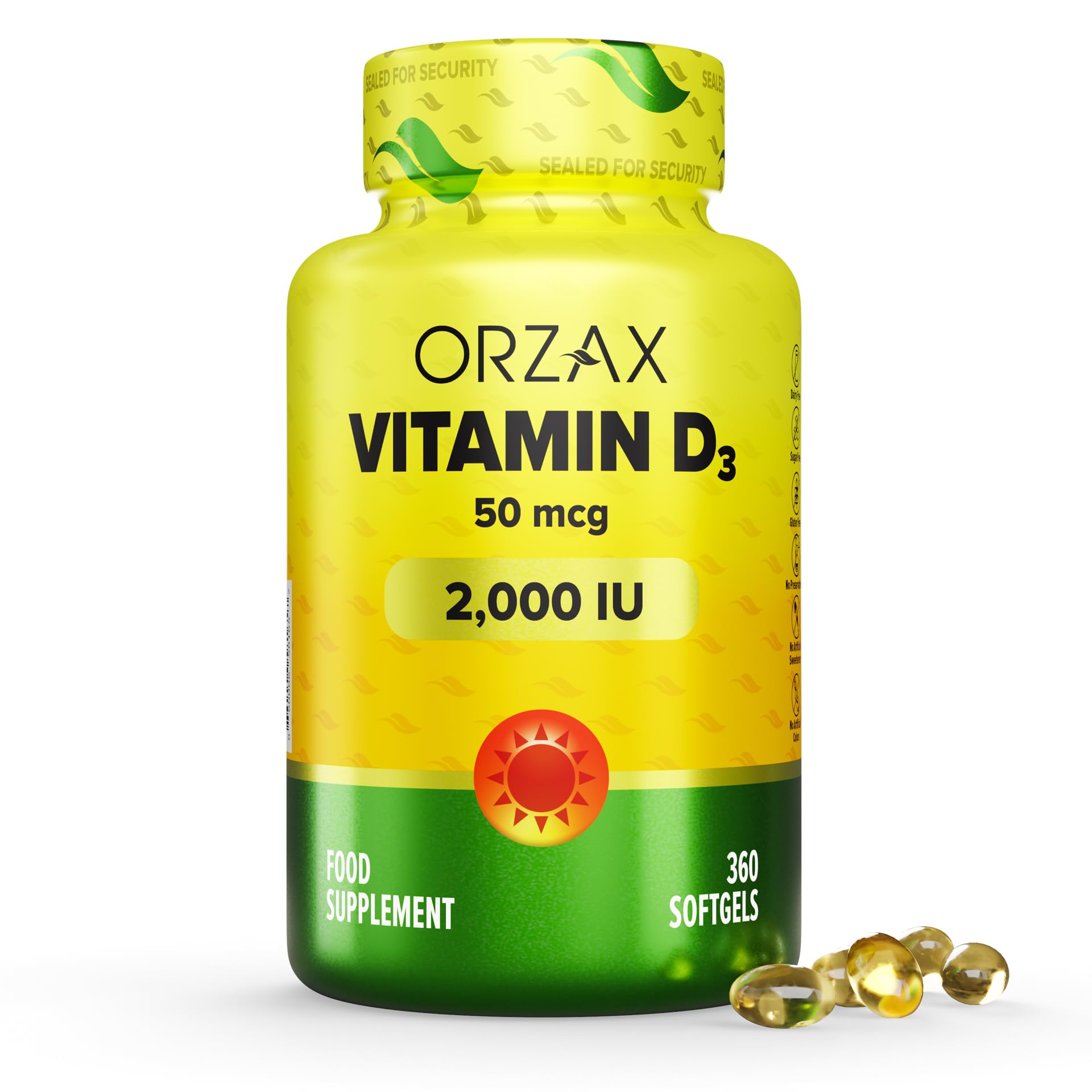 ORZAX Vitamin D3 2000 iu (50 mcg) - 1 Year Supply for Strong Muscle Function and Immune Support - Mood Supplement for Wellness (360 Softgel)