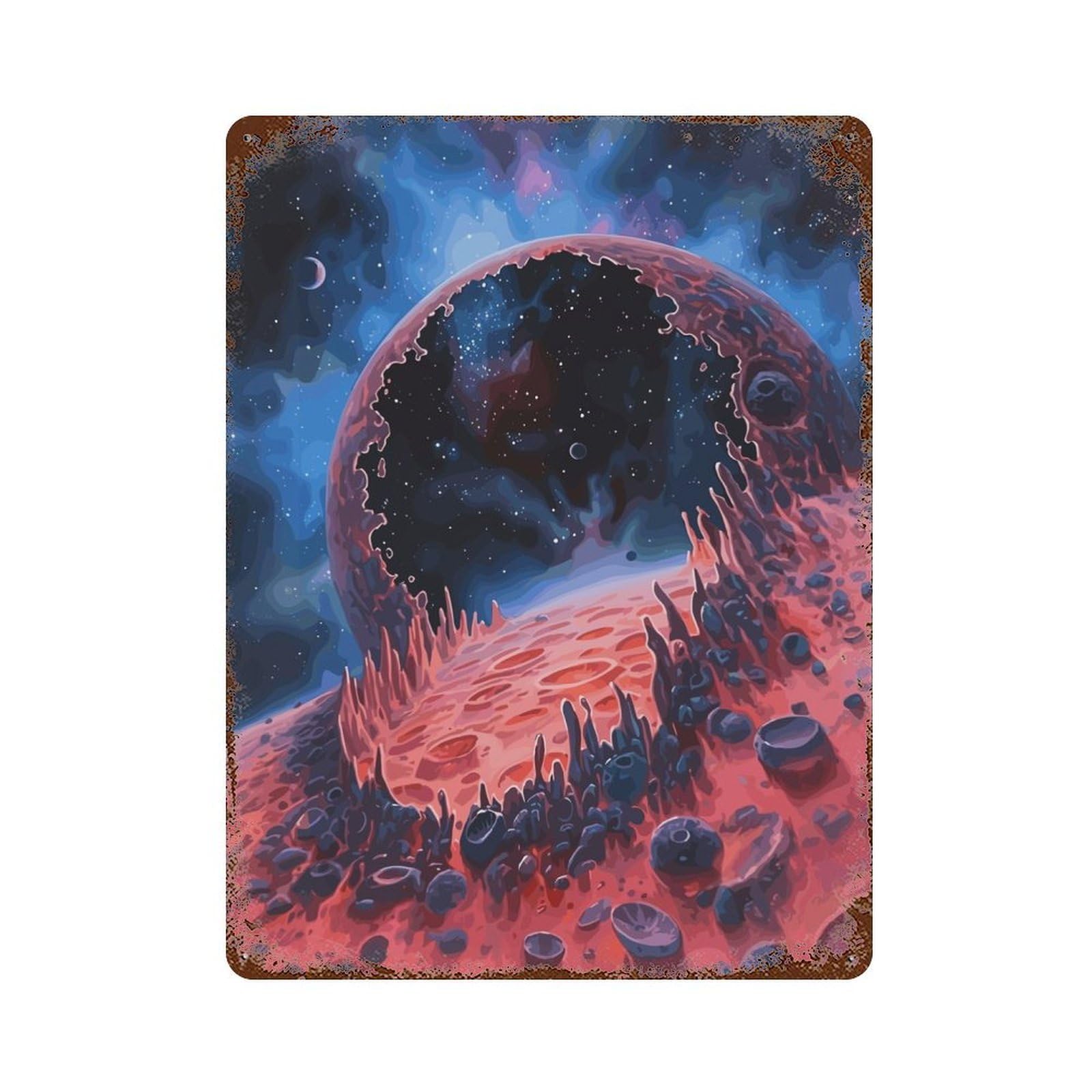 Aged Metal Wall Plaque with Broken Planet in Space Design 15.7"x11.8", for Basement, Hobby Room And Garage Decor, Farmhouse Wall Decor