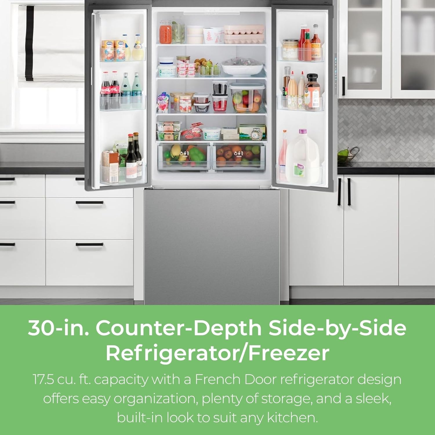 Kenmore 30 Inch Counter-Depth French Door Refrigerator/Freezer with Fingerprint-Resistant Stainless Steel, Adjustable Glass Shelves, Quiet and Energy Efficient Inverter Compressor, 17.5 cu. ft.