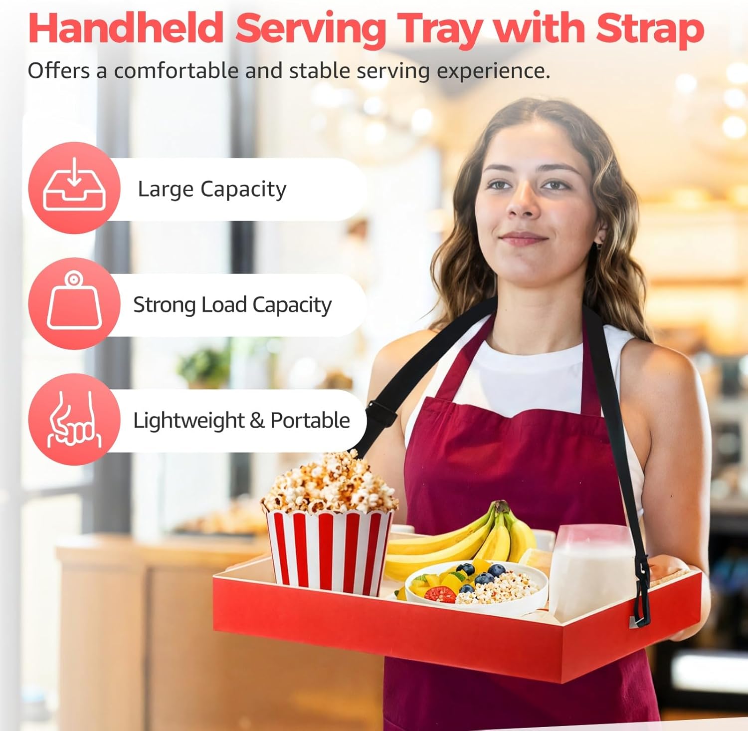 yeesport 2 Pcs Wooden Snack Trays with Straps, Handheld Serving Trays with Adjustable Shoulder Straps, Movie Popcorn Beverage Carriers, Vintage Red Drinking Holders for Parties and Picnics