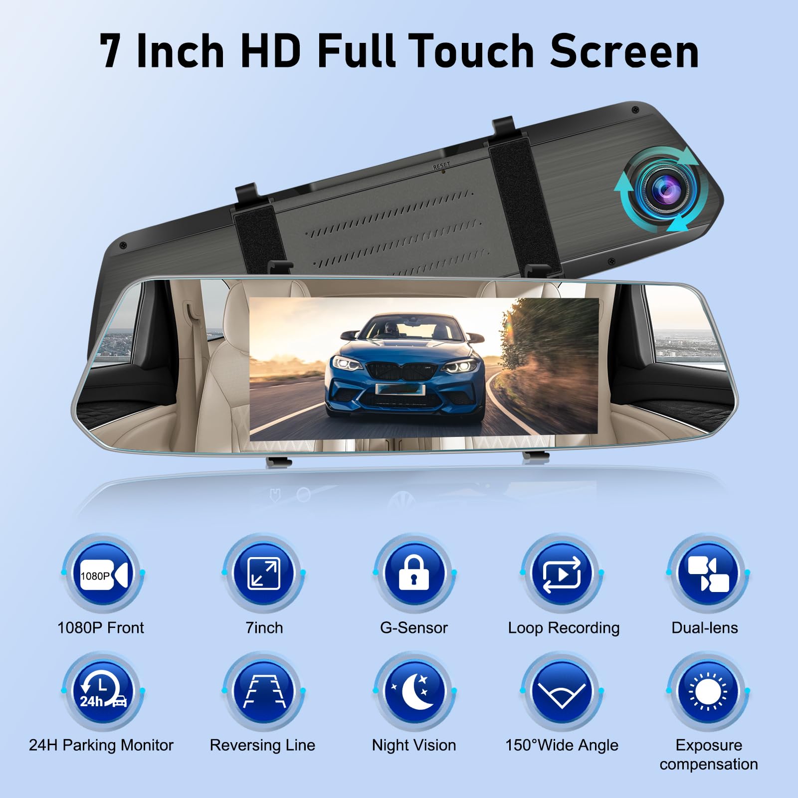 Telecamera per specchietto retrovisore con scheda TF da 64G, touch screen da 7 pollici/registrazione loop/Night Vision/G-Sensor/24-Hour Motion Detection/Parking Assistance + telecamera di backup