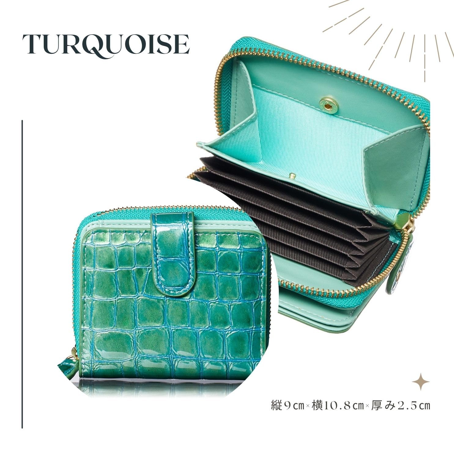 VOICE Align mini type Bi-Fold Wallet wallet Leather made by MASINI in Italy Cowhide ART.Stain Glass Women's Elegant, easy-to-use and beautiful In gift box (Turquoise)