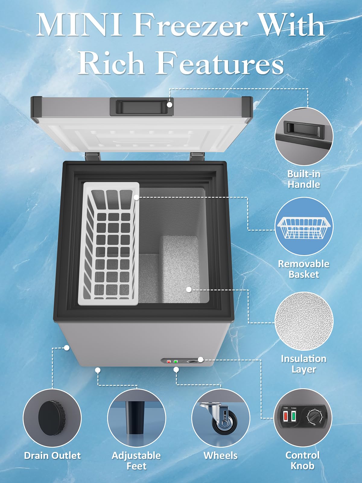 3.5 Cu.Ft Small Chest Freezer With Removable Storage Basket, 7 Adjustable Temperature Controls, Mini Deep Freezer With Top Open Door, Ideal For Kitchen Garage Office Dorm Apartment, Grey on Fridge.com - View 5