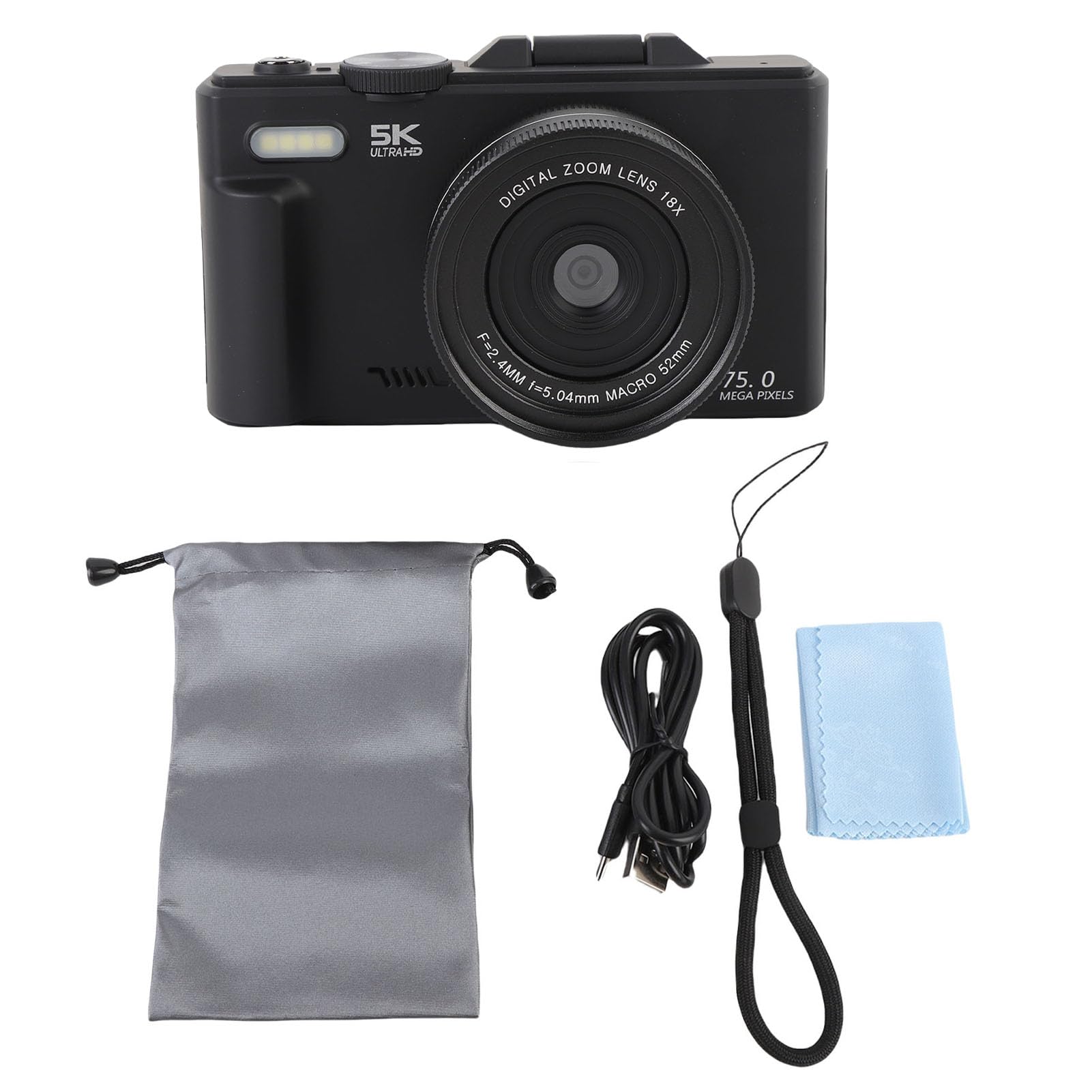 Cámara Digital de 5k para Fotografía, 75MP UHD Camara Fotograficas con Zoom Digital 18x, Pantalla de Flip de 3 "180 °, Cámaras de Vlogging Portátiles (Black)