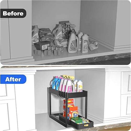 Miniatura 2 de Organizador de baño para debajo del fregadero, organizador de 2 niveles para debajo del fregadero Kicthen con ganchos, taza colgante, divisores,