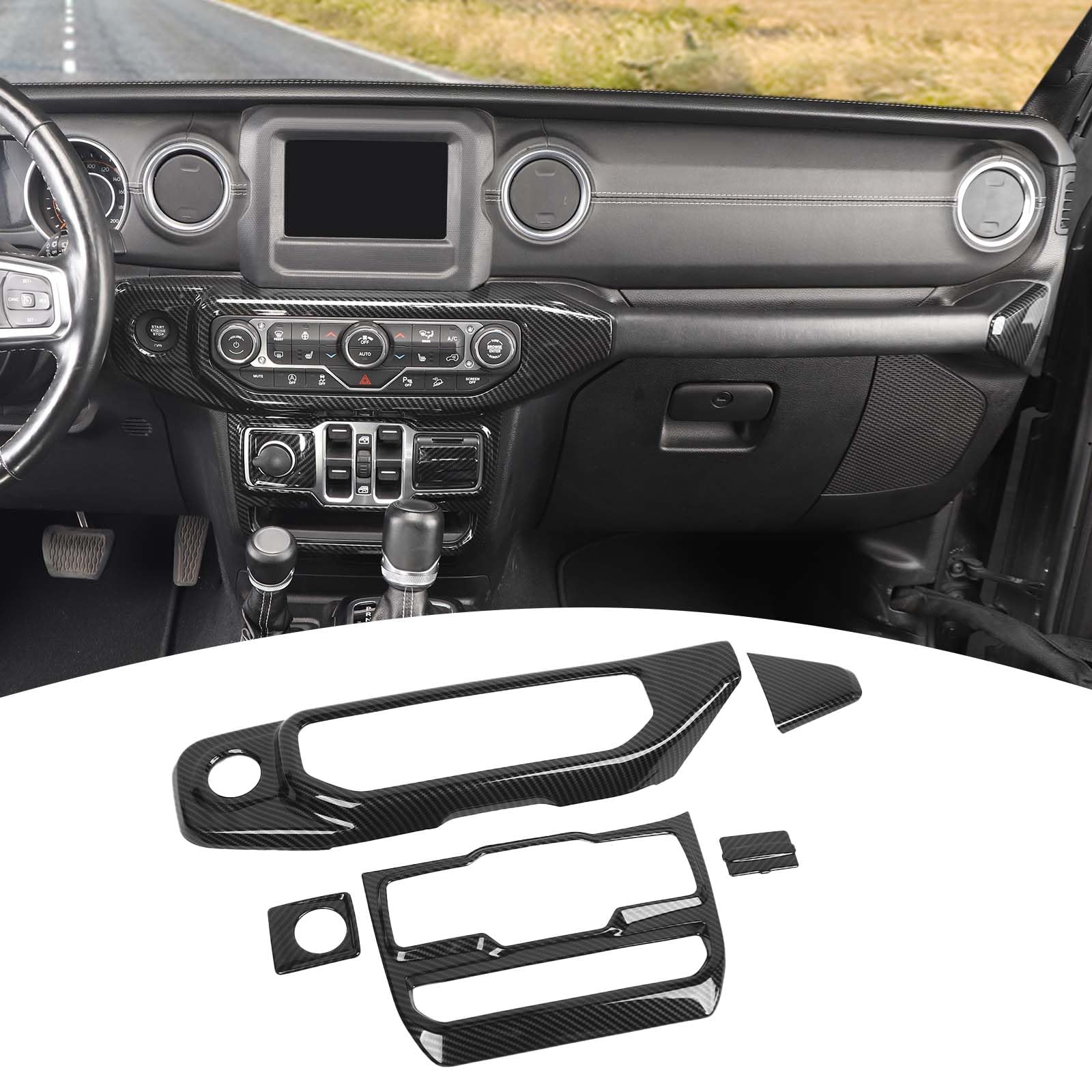 for Jeep JL Center Console Dashboard AC Control Panel Trim Cover for 2018-2023 Jeep Wrangler JL JLU & for Jeep Gladiator JT 2020-2023 Carbon Fiber Interior Accessories 5pcs