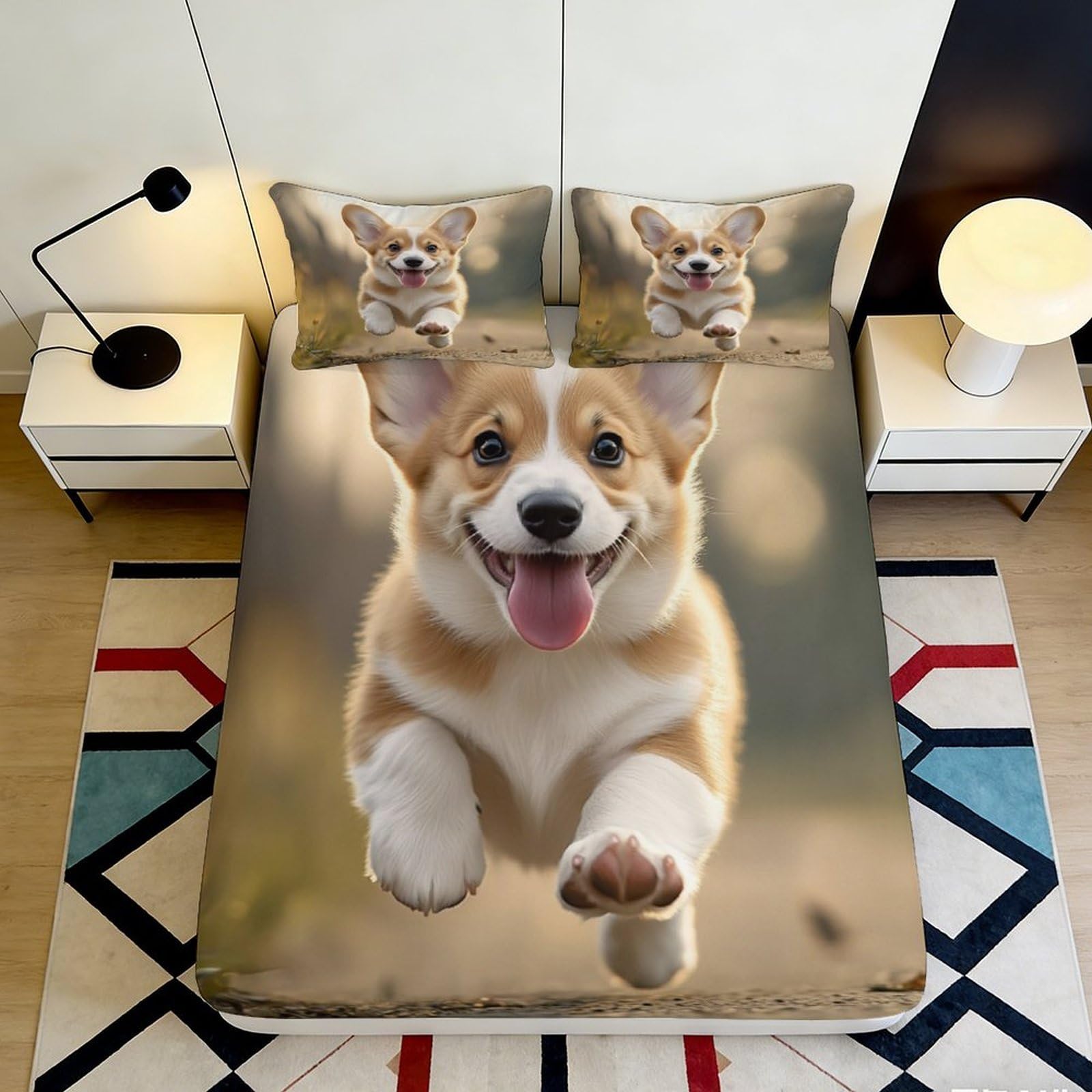 3D Printed Cute Corgi Dog Fitted Sheet Microfiber Soft Anti-Slip Animal Bed Cover for Bedroom Guest Room Easy Care 90x200x25cm