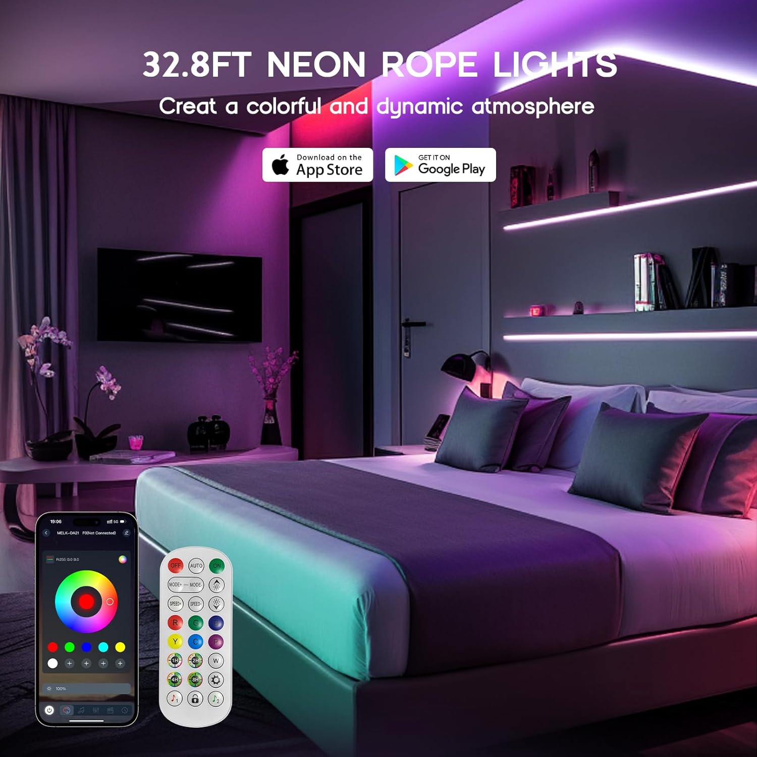 LED Neon Lights,IC+RGB 32.8FT Rope Lights Control with App/Remote,Multiple Modes,DIY Design,Outdoor IP65 Waterproof,24V Flexible LED Strip Lights for Bedroom,Gaming,Party Decoration