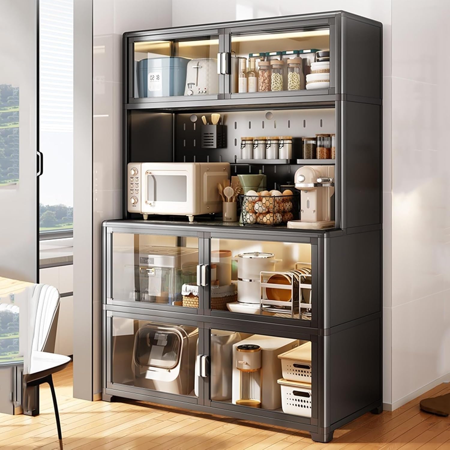 Freestanding Kitchen Baker's Rack with Pegboard & Wheels, Versatile Microwave Stand, Durable Aluminum Alloy Storage Cabinet for Kitchen Organization & Space-Saving Solutions