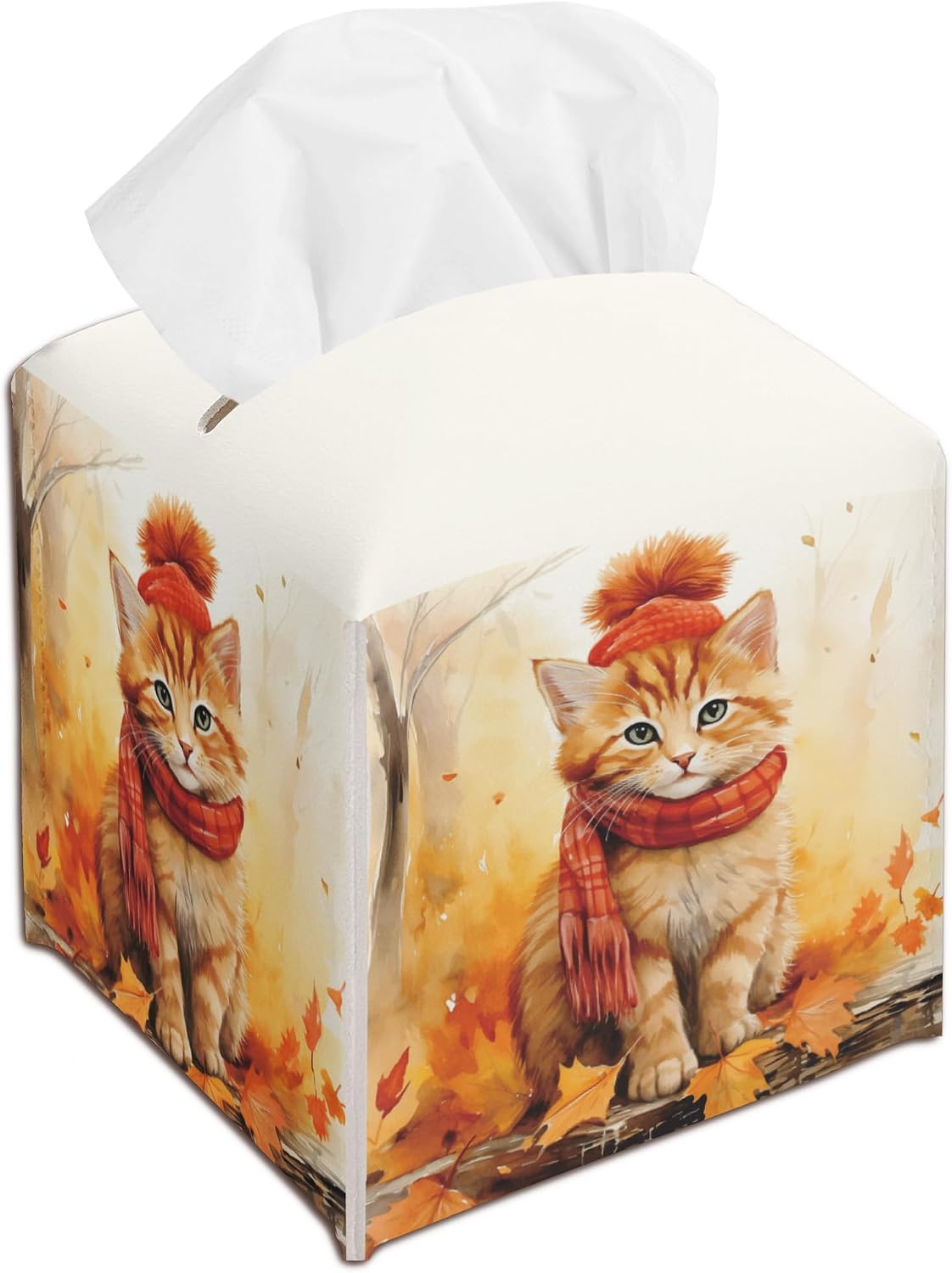 Fall Decorative Tissue Box Cover Square, Maple Leather Tissue Box Cover Holder, Housewarming Gift Ideas for Family Friends, Home Bathroom Office Car Decor-(5.2 Inches) A04
