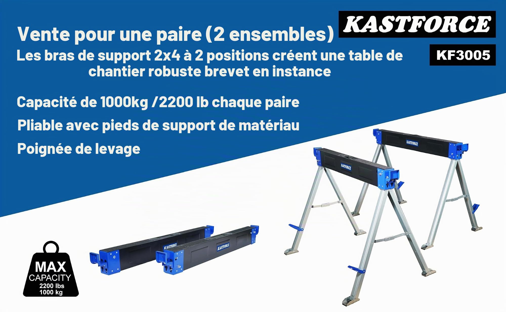 KF3005 Chevalet de sciage pliable avec pieds pliables Capacité 1000 kg