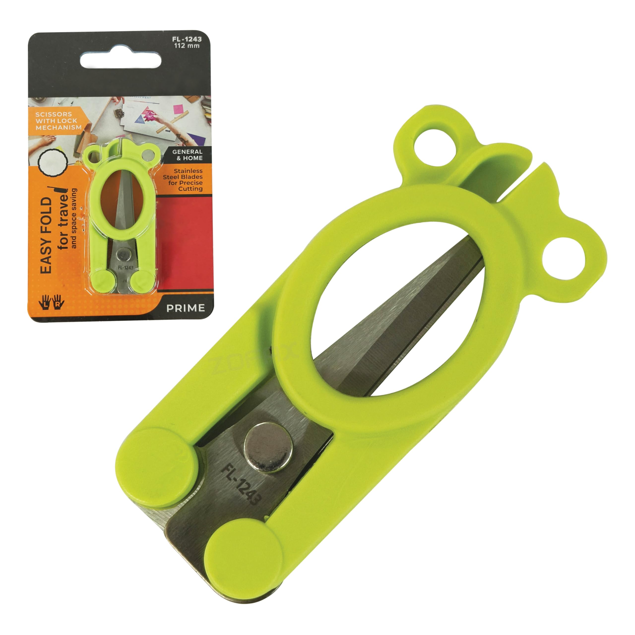 ZFL1243 Folding Scissors, 112mm Green Body, Lock Mechanism, Compact Travel Design, Stainless Steel Blades for Precise Cutting, Left-Right Handed, Home Office General Use, iZOFAX