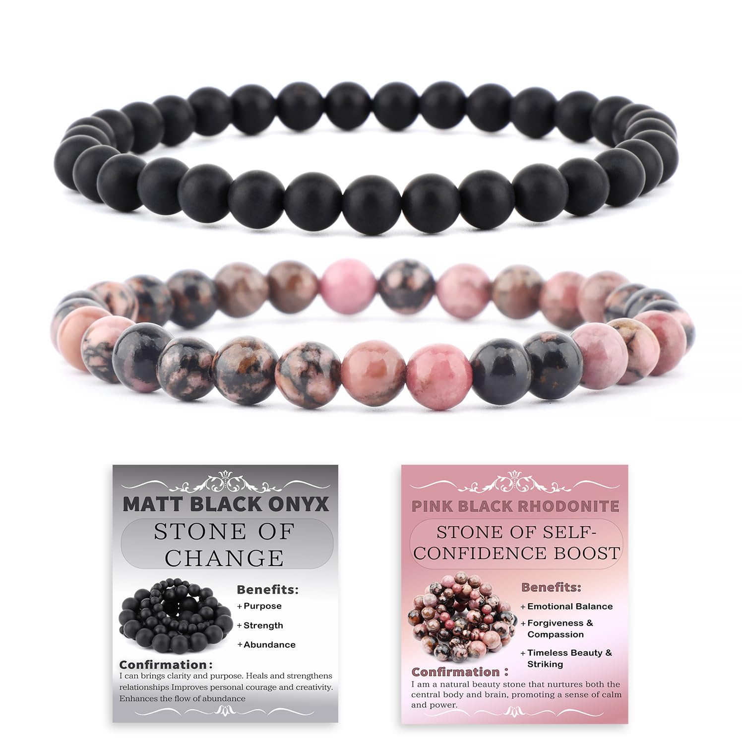 NCB Natural Guild_Jewelry 9a7b67 Pink Black Rhodonite Matte Black Agate Stretch Bracelets, 6mm Beads | Stone of Change - main product image