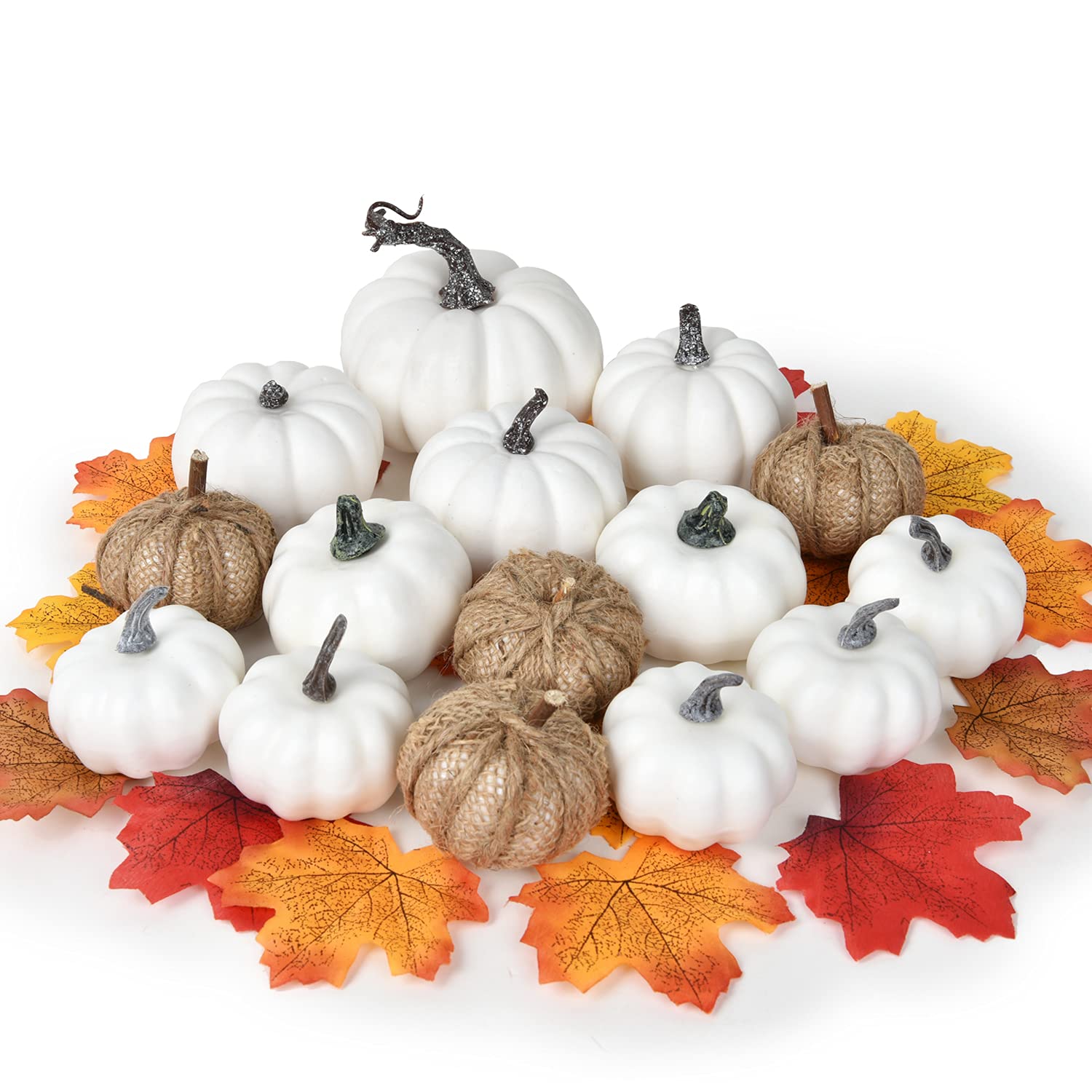 DearHouse 65Pcs Artificial Pumpkins Maple Harvest Fall Decoration, 15Pcs Fall Pumpkins and 50Pcs Maple Leaves for Autumn Thanksgiving Harvest Home Decor