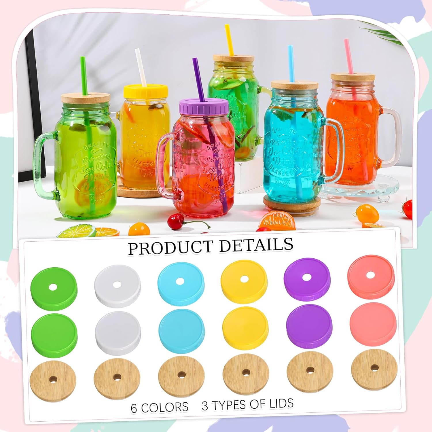 6 Pack Mason Jars with Handle, 24 OZ Colorful Drinking Glasses with Lids and Straws, Mugs with Embossed Ice-Cold Drinkware Logo for Iced Coffee Smoothie Overnight Oats Containers - Image 5