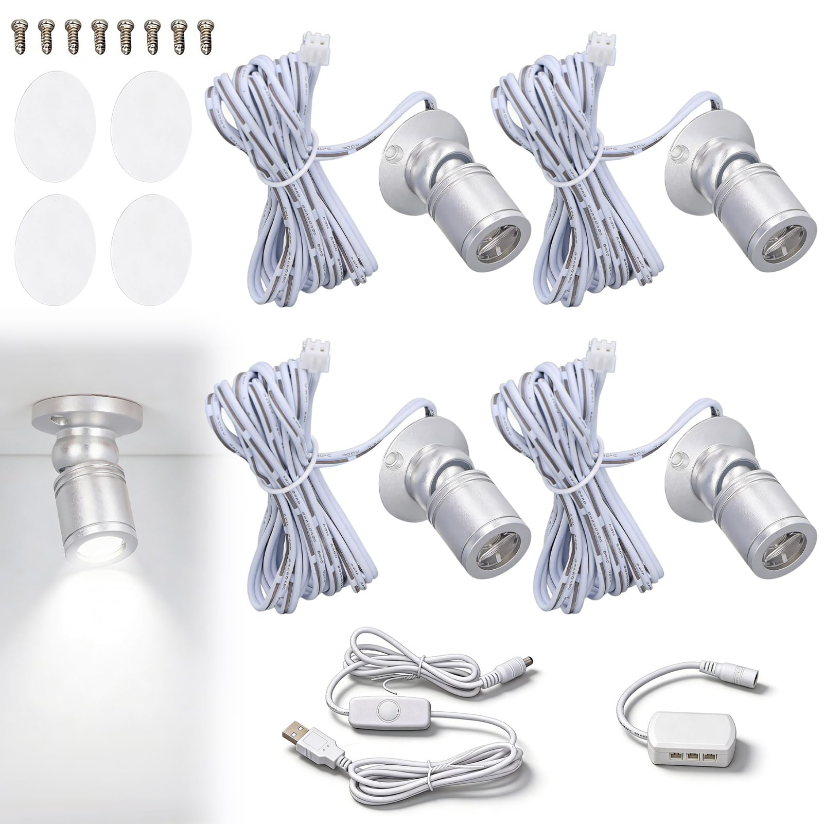 Gsycle 4Pcs LED Display Spot Lights, 5V USB Dimmable Spot Small Up Lights Mini Spotlight Uplights Indoor Floor Spot Light Jewelry Spotlight for Jewelry Showcase Porch Entryway (White Light)
