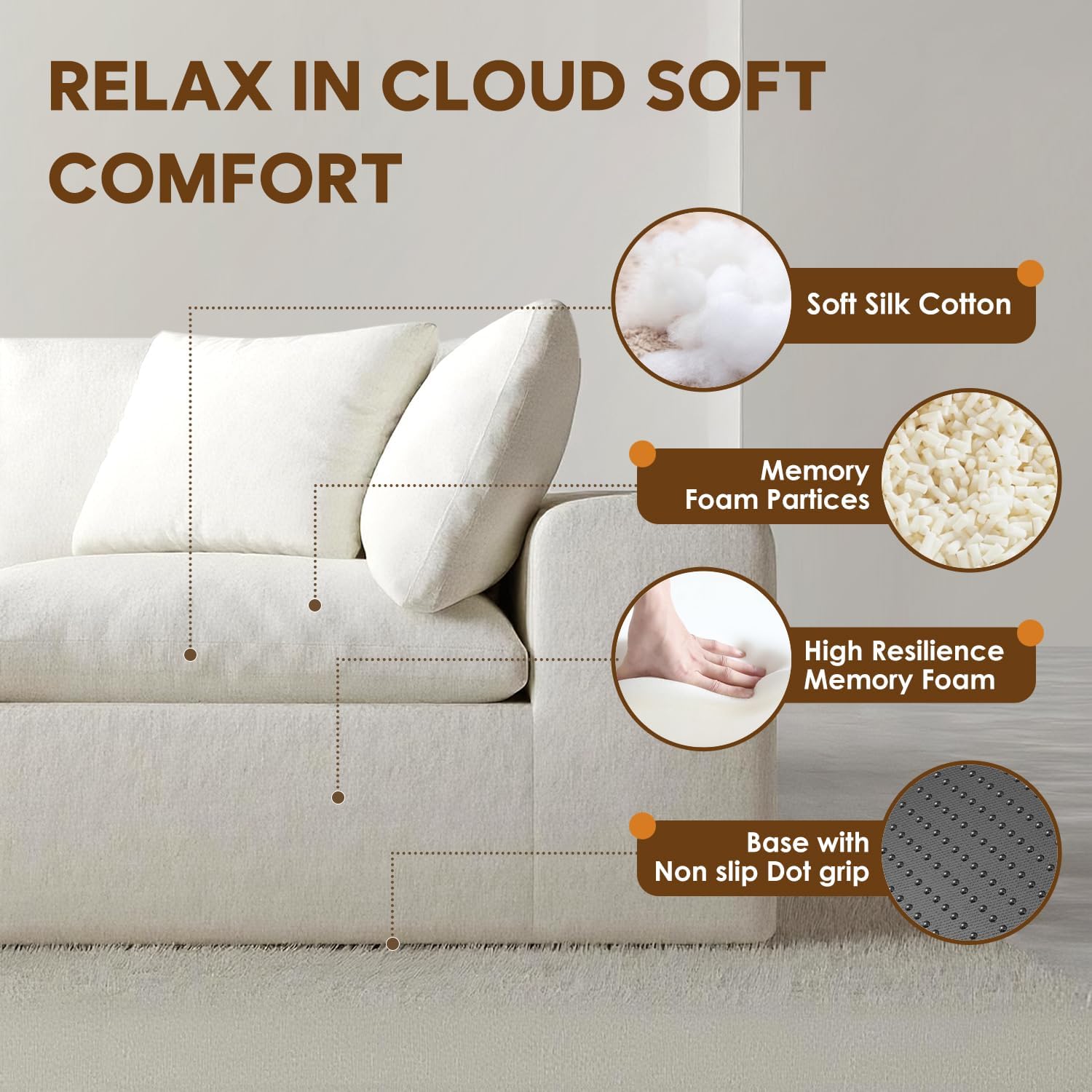 130" Oversized Cloud Couch, Modular L Shaped Sectional Sofa with Deep Seats, High Density Foam No Sag Support, No Assembly Required 4 Seater Washable Fabric Couch for Living Room, White - Image 6