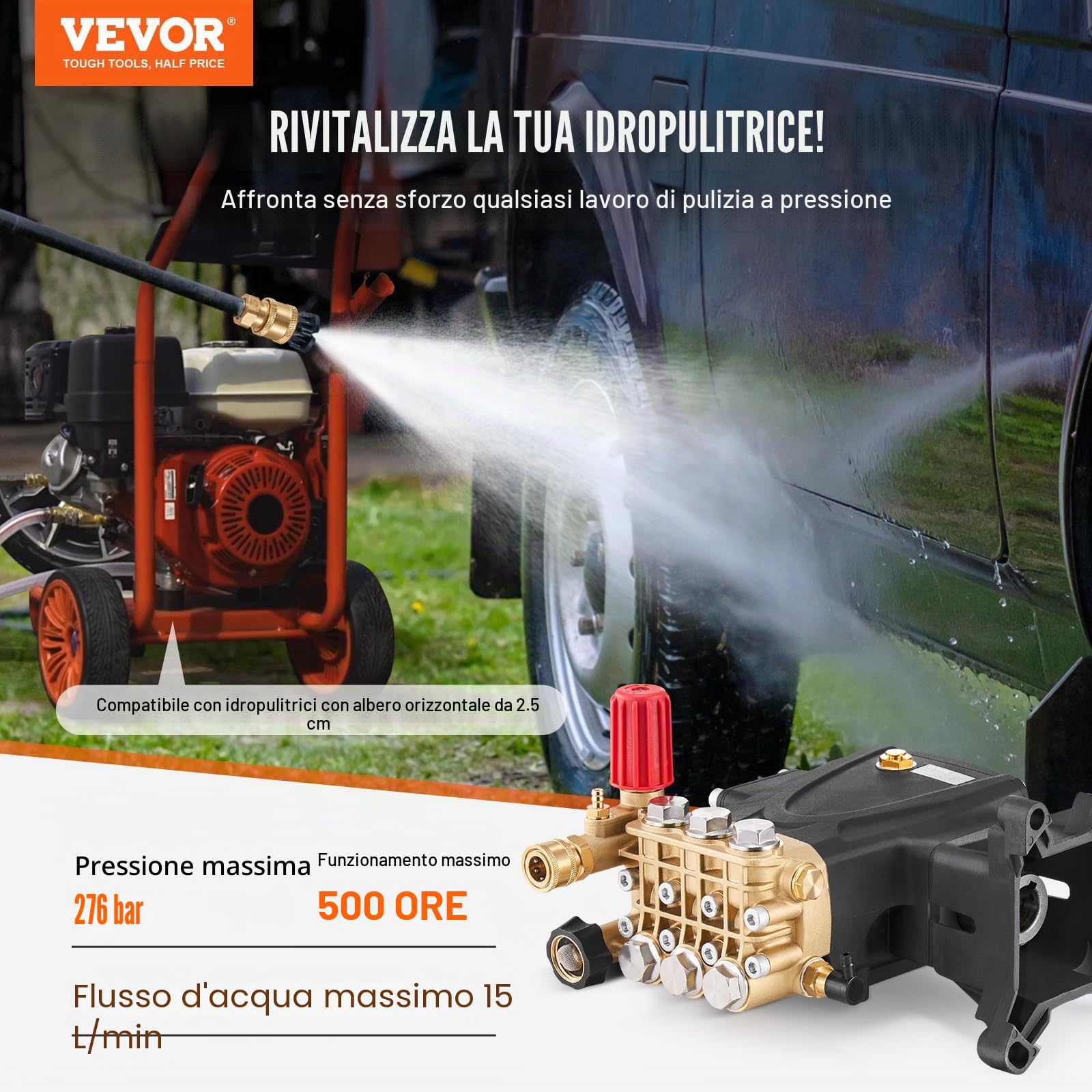 VEVOR Pompa per Idropulitrice, Stantuffo Orizzontale a Tripla Pompa, Albero 25,4 mm kit Pompe di Ricambio per Idropulitrice, 281,22 kgf/cm² 18,18 L/min Simpson MorFlex 40224, 40225, 40226, Santoprene