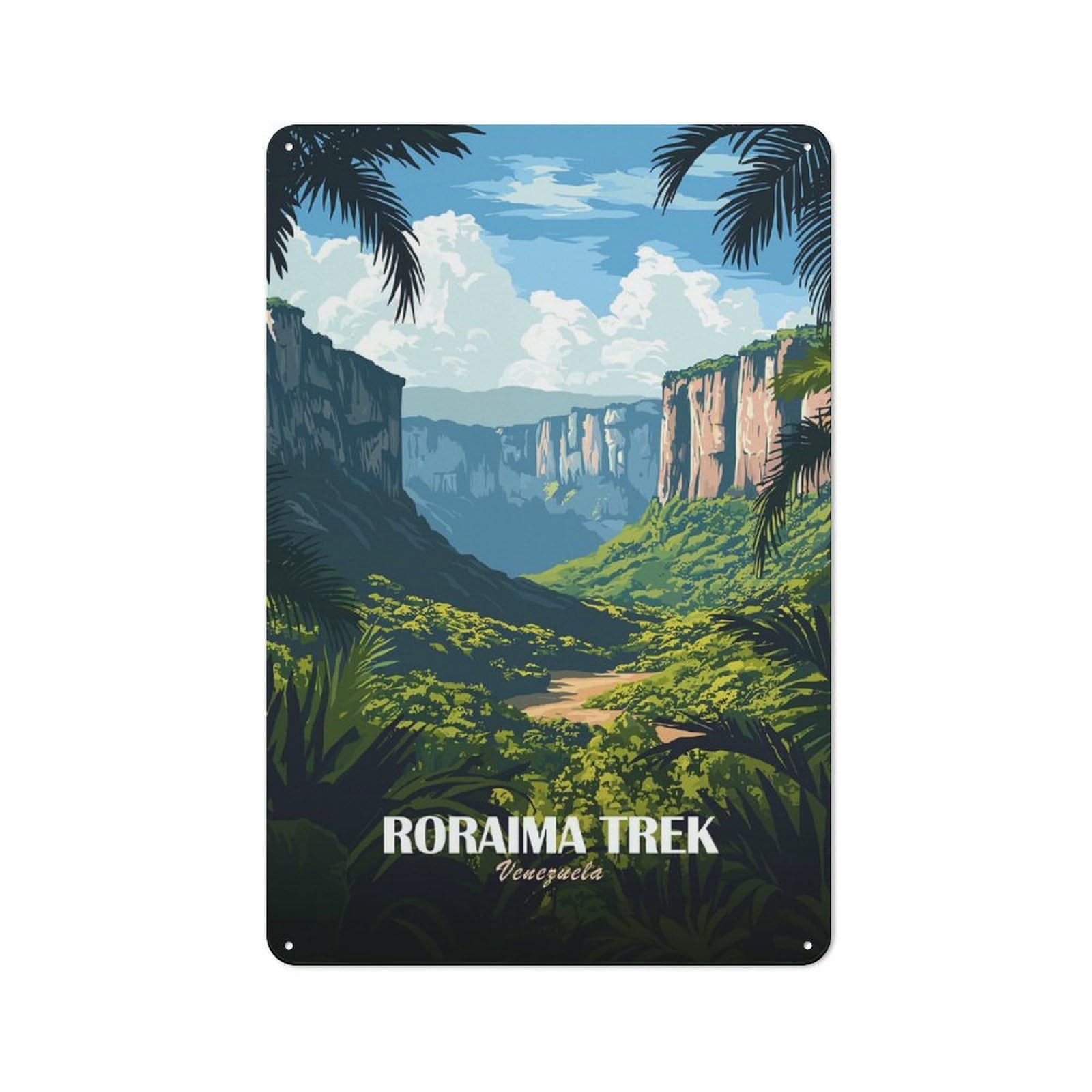 Junmoney Style-20 Tin Wall Plaque 30X20cm With Roraima Trek Venezuela Landscape Illustration For Hobby Room Or Studio, For Themed Interiors In Hobby Rooms And Studios
