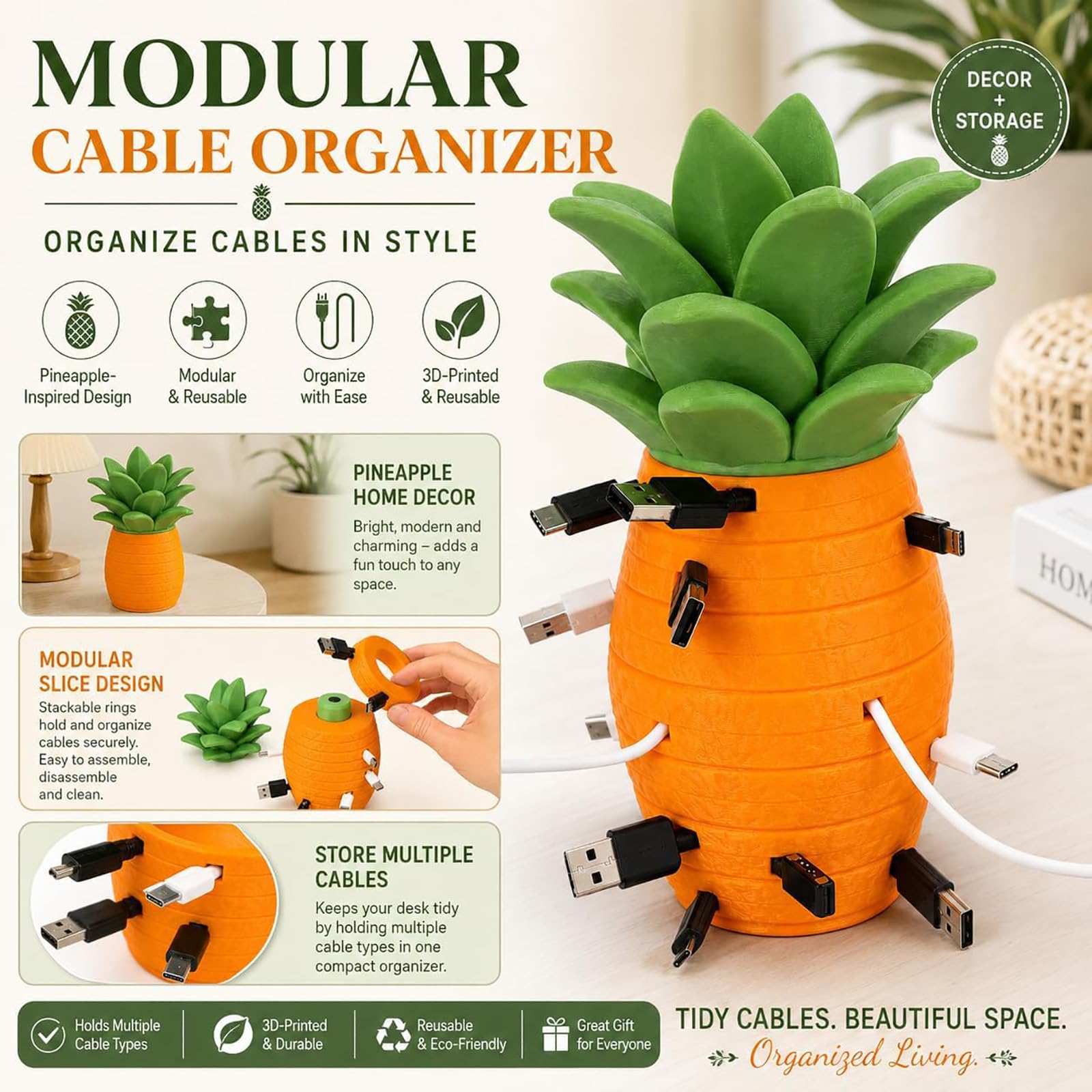 Organizzatore di cavi ad ananas, portacavi da scrivania modulare (2pc) | Costruzione in plastica stampata in 3D, dischi di avvolgimento S M L XL, cavi di ricarica, auricolari