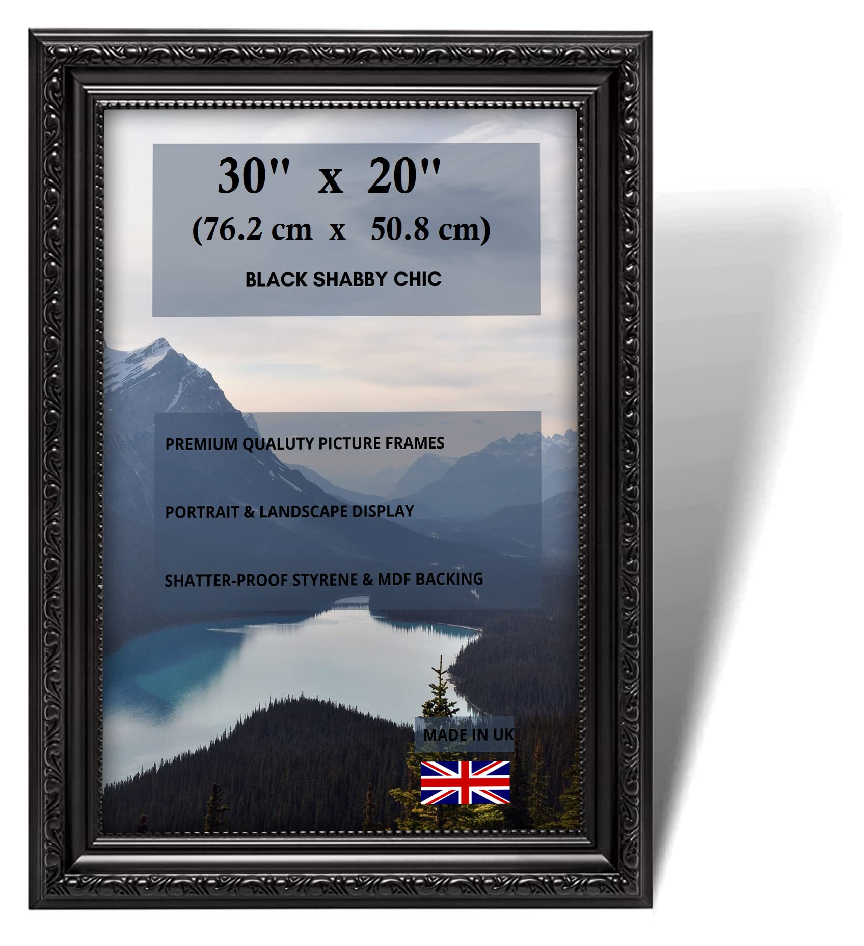 Click One Ornate Black Shabby Chic Picture Frame | Antique Vintage Style| Portrait & Landscape Black Maxi Frame with MDF Backing For Wall, Prints, Puzzle & Artwork (30" x 20" (76.2 cm x 50.8 cm))