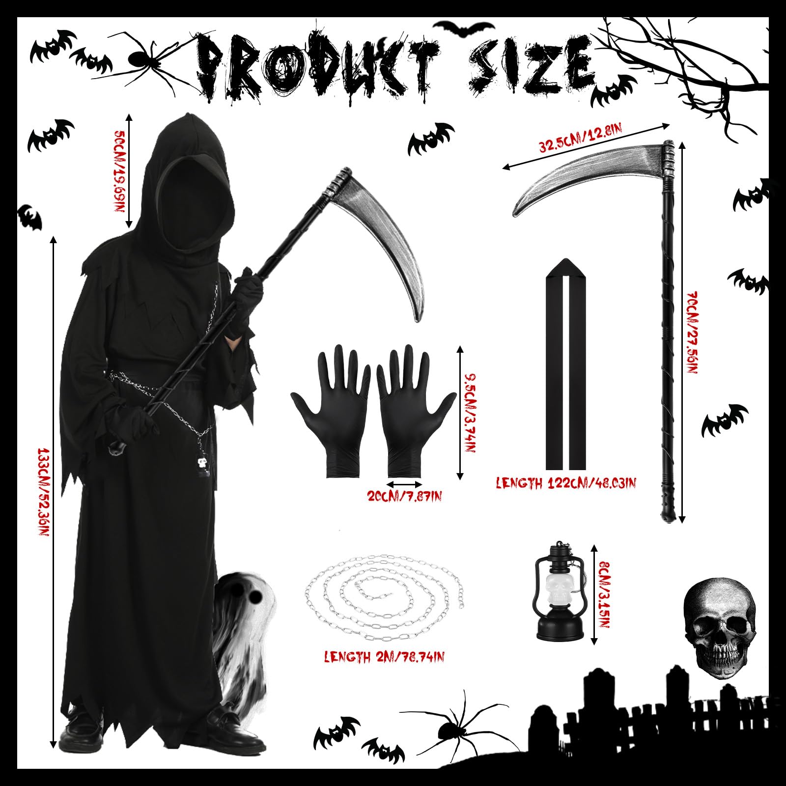 MEGETGOD Grim Reaper Costume, Scary Halloween Costumes Set including Scythe, Chain Belt, Glowing Skull Lantern - Image 2