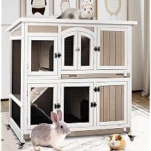 2 Story Large Rabbit Hutch Indoor with 2 Deeper Pull-Out Trays, Wooden Rabbit Cage with 4 Lockable Wheels, Ramp, Chew-Anti Metal Strip for Rabbit, 47" L x 18" W x 42" H