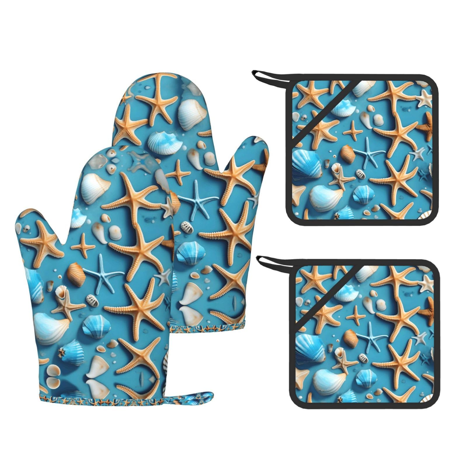 Ocean Sea Beach Seashells Starfish Blue Printed Kitchen Set with Heat Resistant Oven Gloves & Non-Slip Pot Holders for Daily Cooking