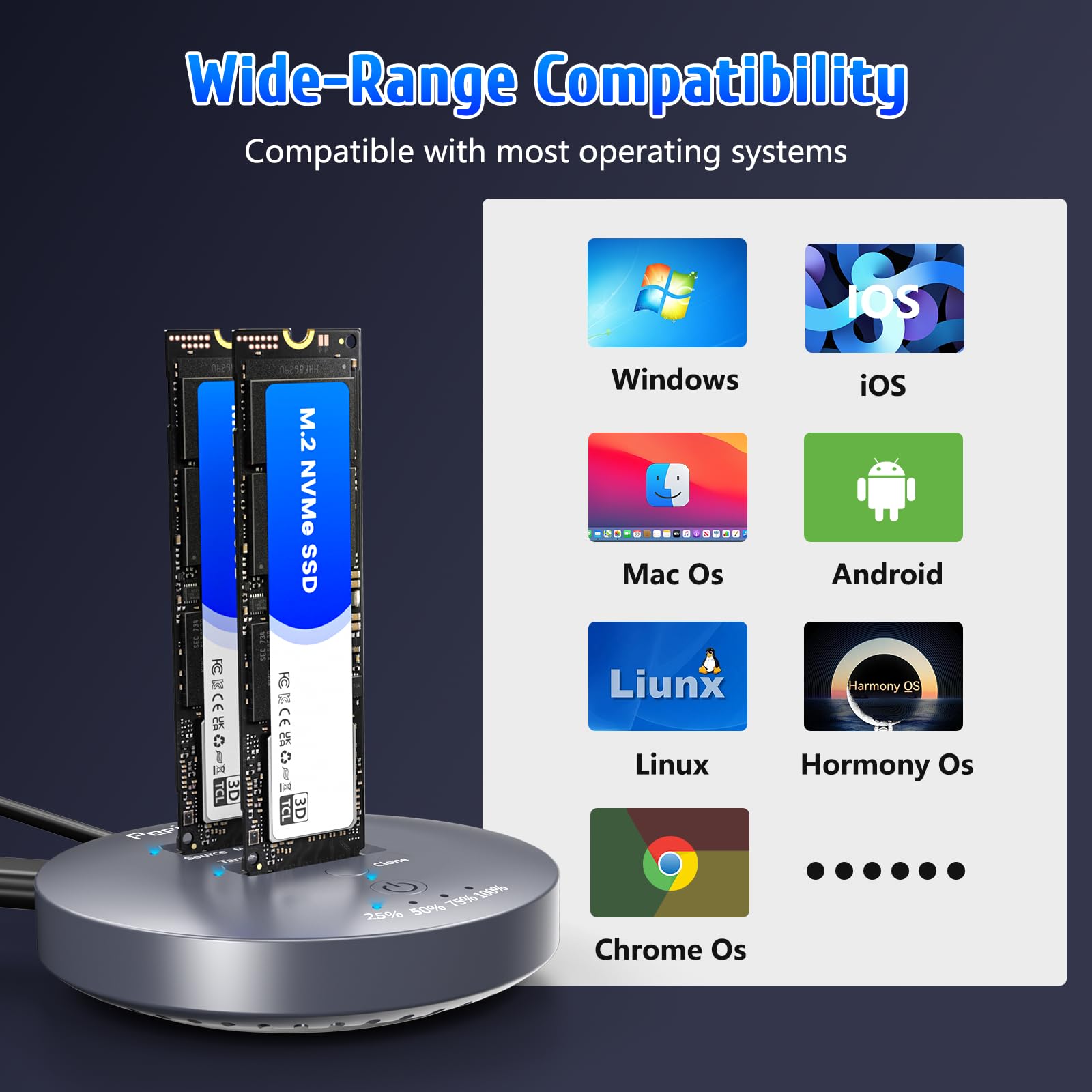 Stacja dokująca M.2 NVMe SSD Cloner 10 Gb/s Dual-Bay NVMe do USB, obsługuje klon offline, UASP, adapter obudowy SSD USB 3.2 Gen 2, stacja dokująca M.2 do SSD rozmiar 2230