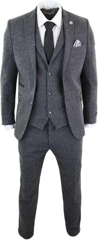 Mens Grey Black 3 Piece Tweed Suit Herringbone Wool Vintage Retro
