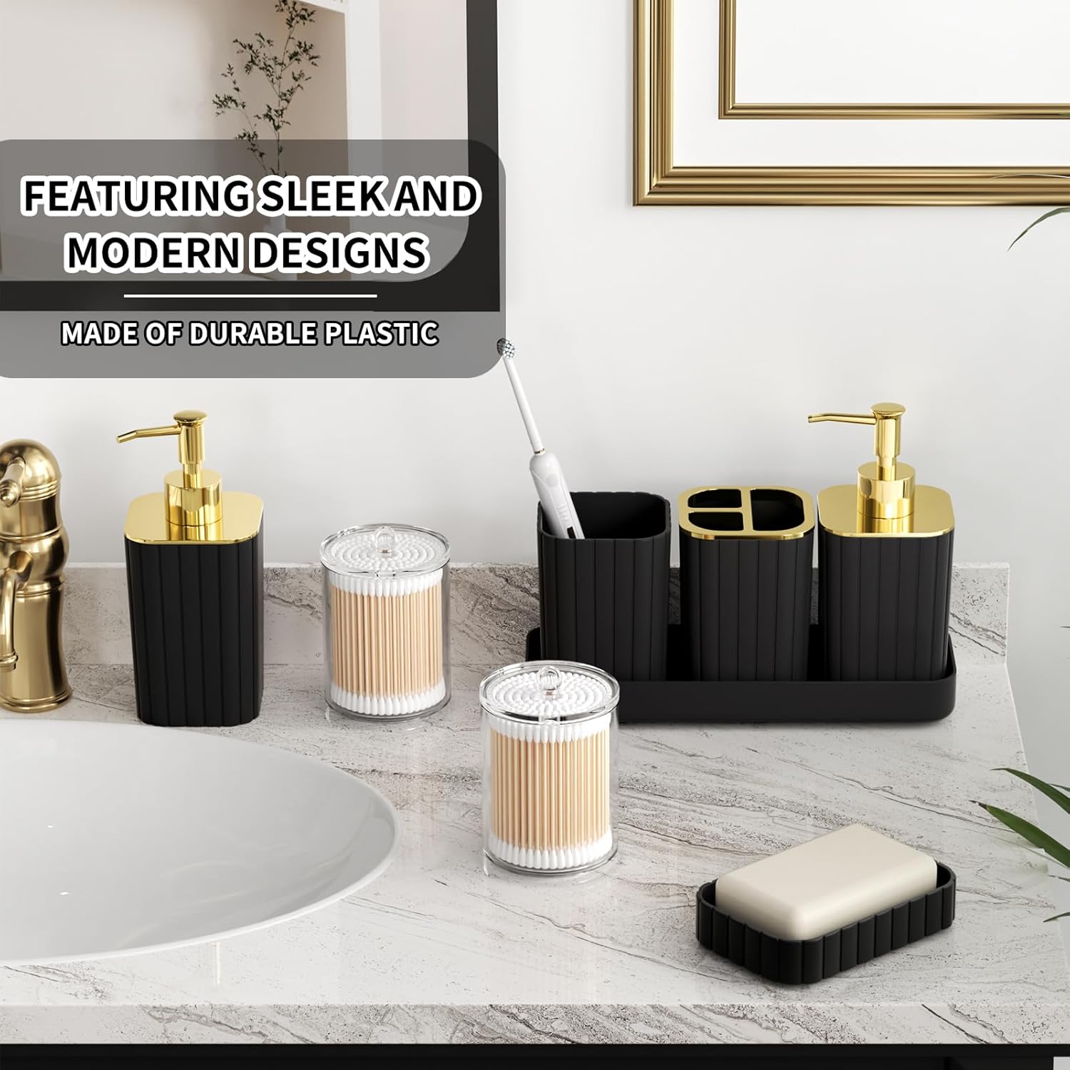 Bathroom Accessory Set - 26PC Bathroom Shower Curtain and Rug Set, Bathroom Accessories Set, Black Bathroom Set with Trash Can, Toilet Brush, Qtip Holder & Soap Dispenser